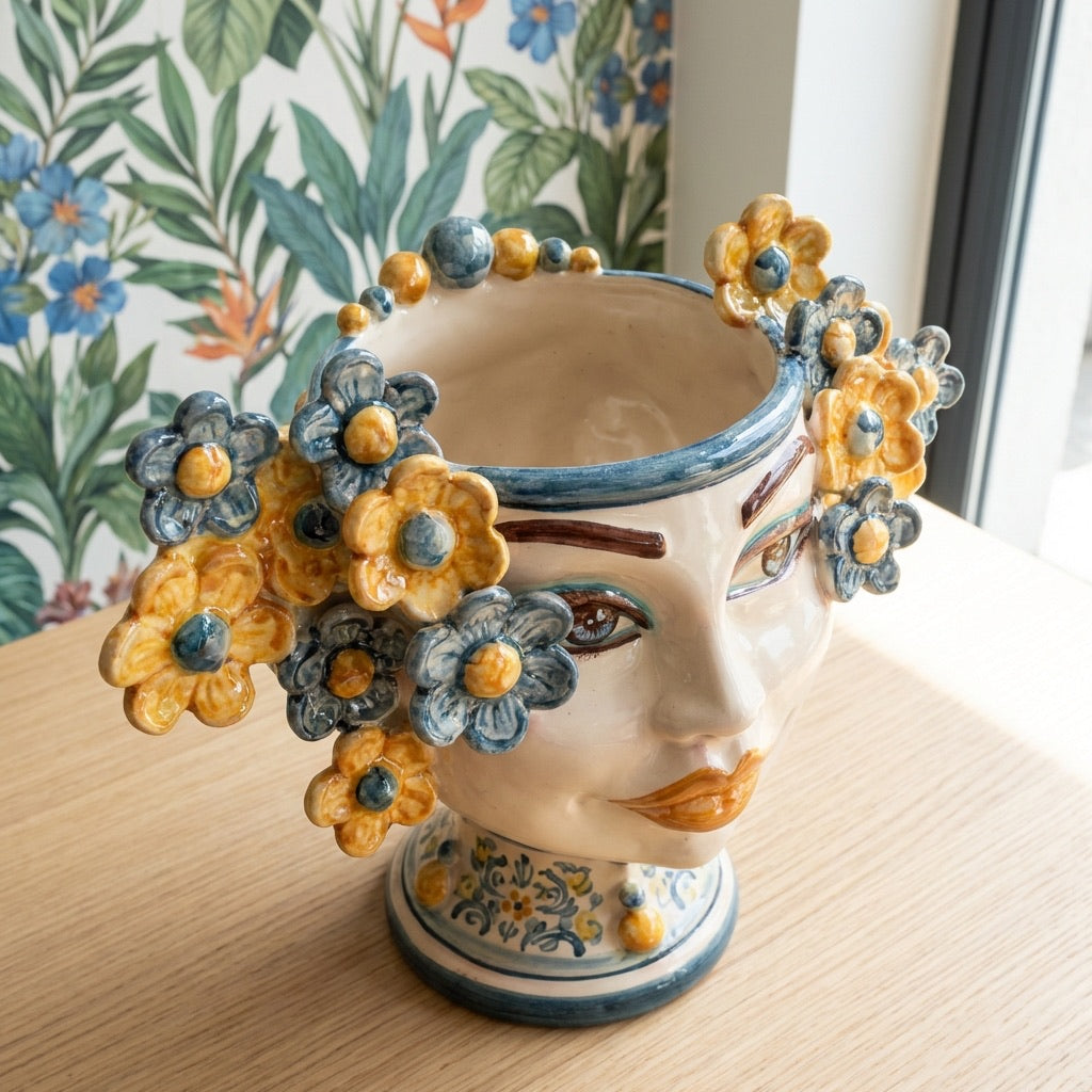 Moor's head h 20 cm Flowers line blue and orange decoration