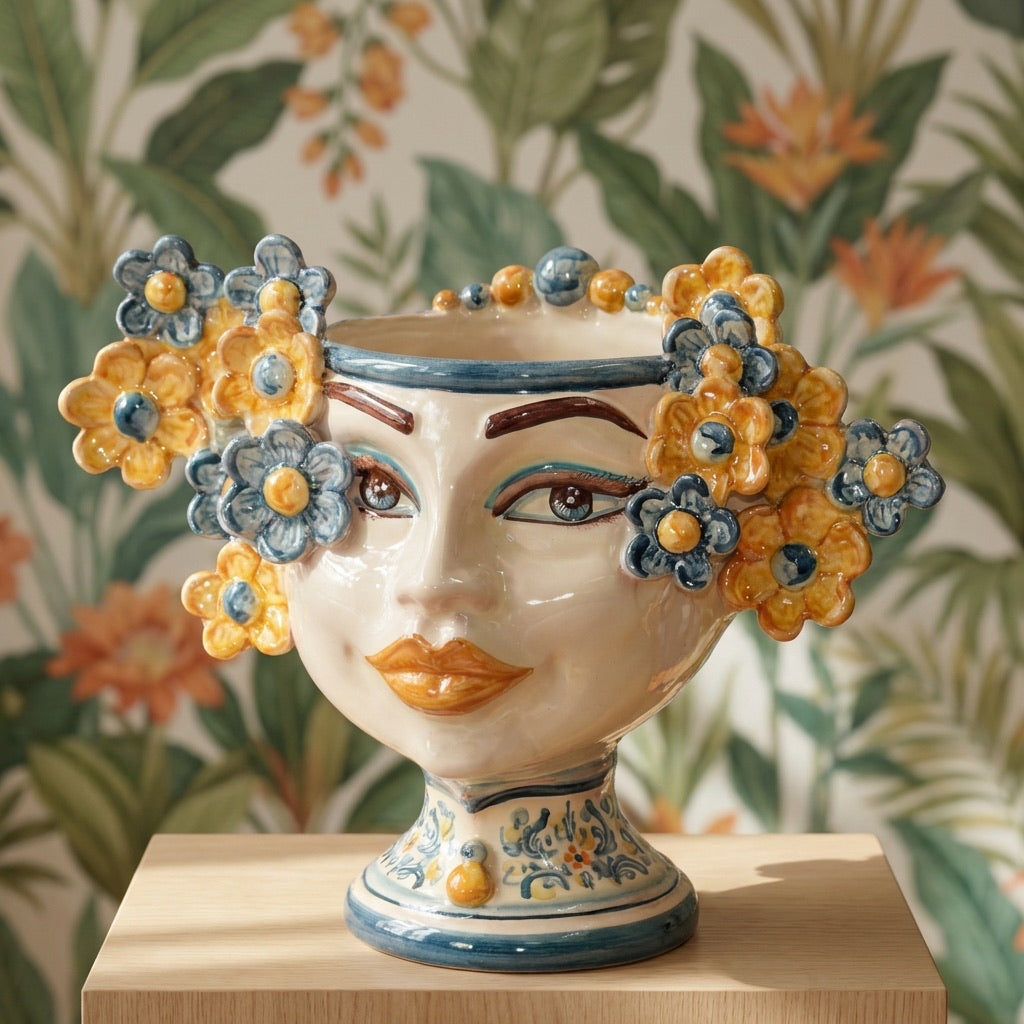 Moor's head h 20 cm Flowers line blue and orange decoration