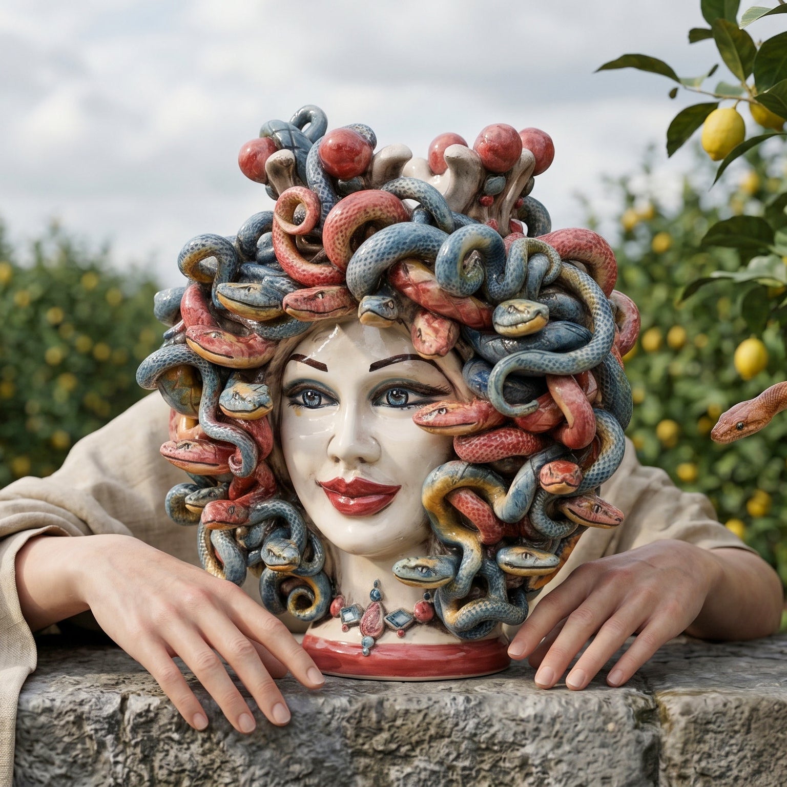 Medusa Moor's Head Vase with Beads H 25 cm / 9¾", Moro Man, Bordeaux – Testa di Moro from Caltagirone, Sicily