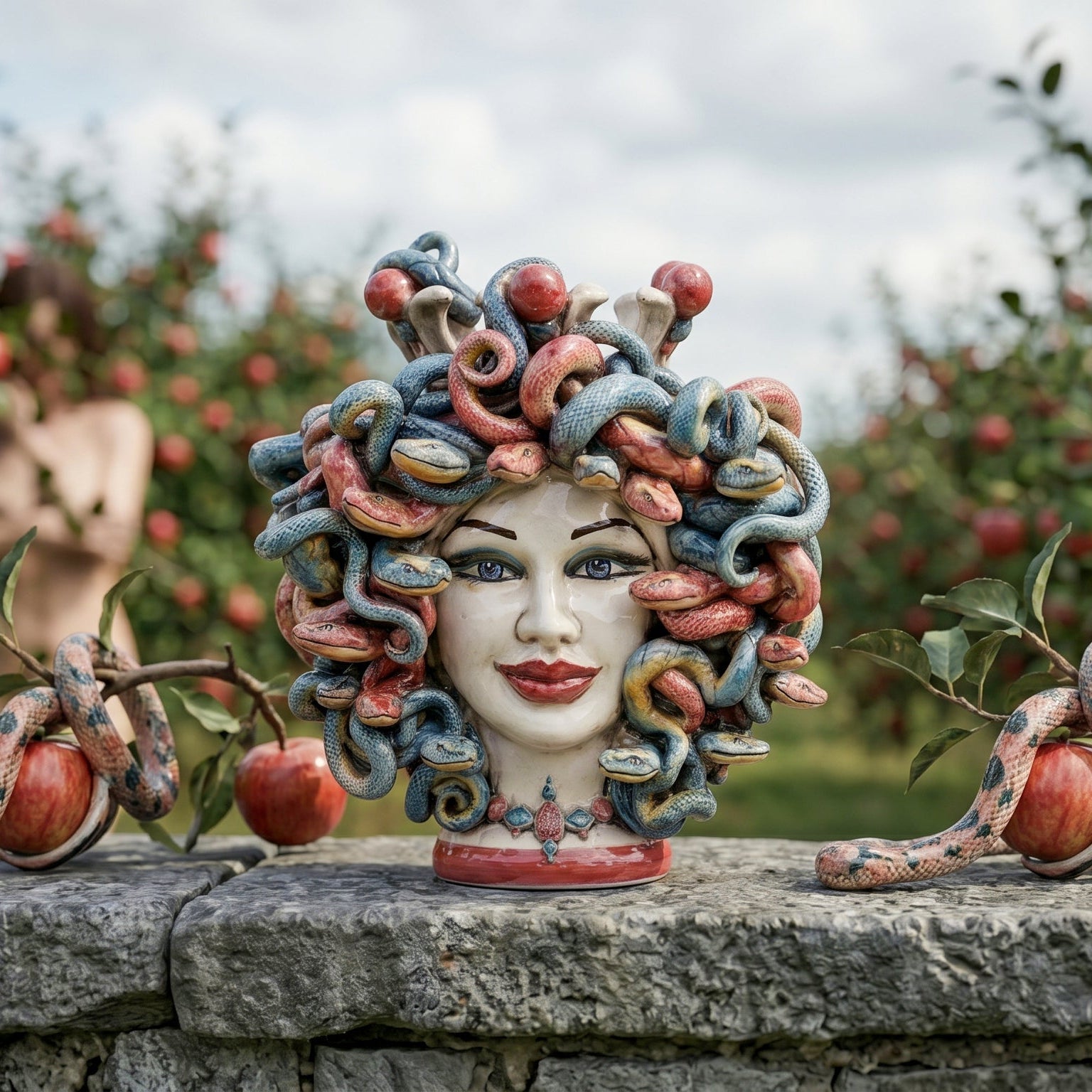 Medusa Moor's Head Vase with Beads H 25 cm / 9¾", Moro Man, Bordeaux – Testa di Moro from Caltagirone, Sicily