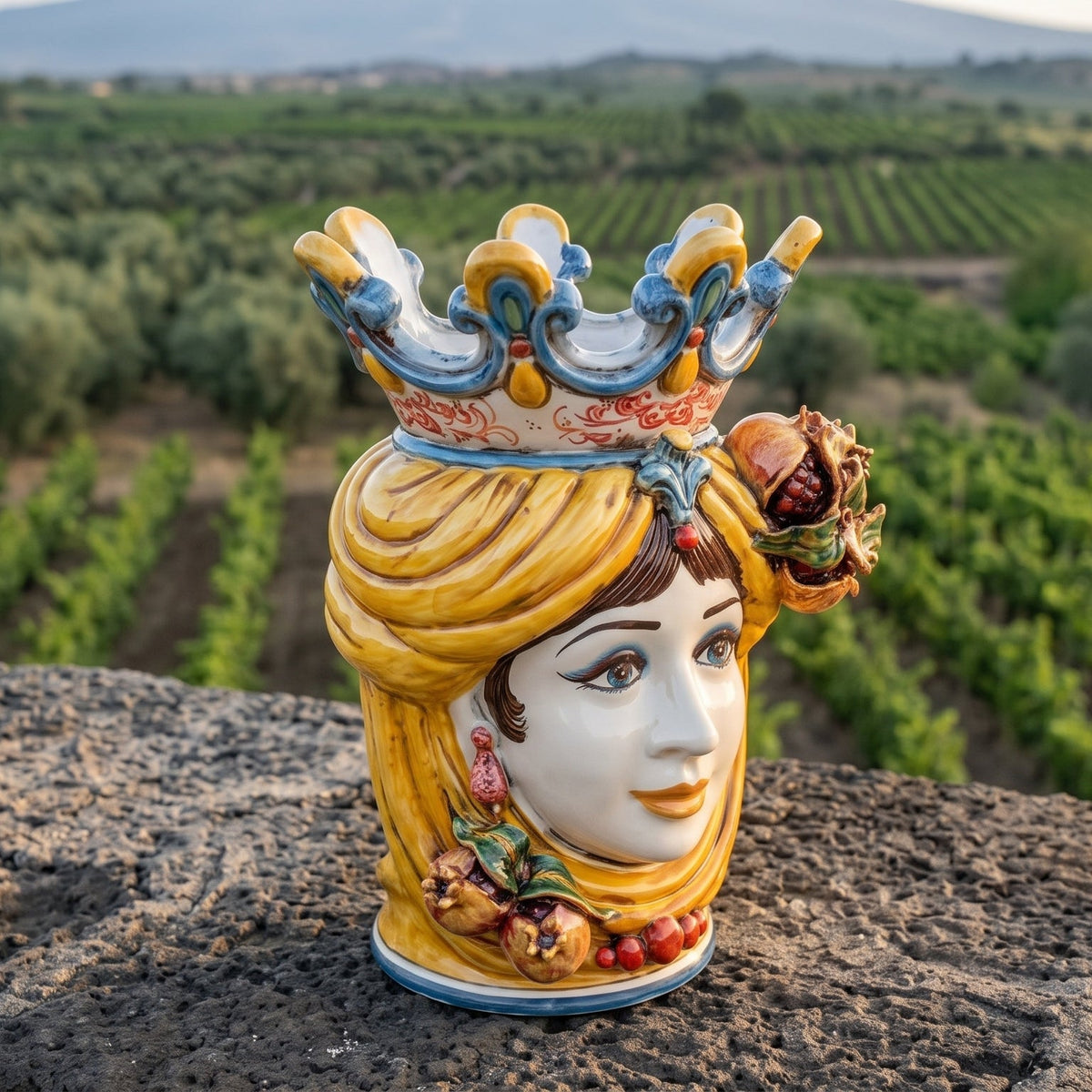 Sicilian Moor's Head with Pomegranates H 40 cm / 15.7", Woman, Yellow and Orange – Testa di Moro from Caltagirone, Sicily