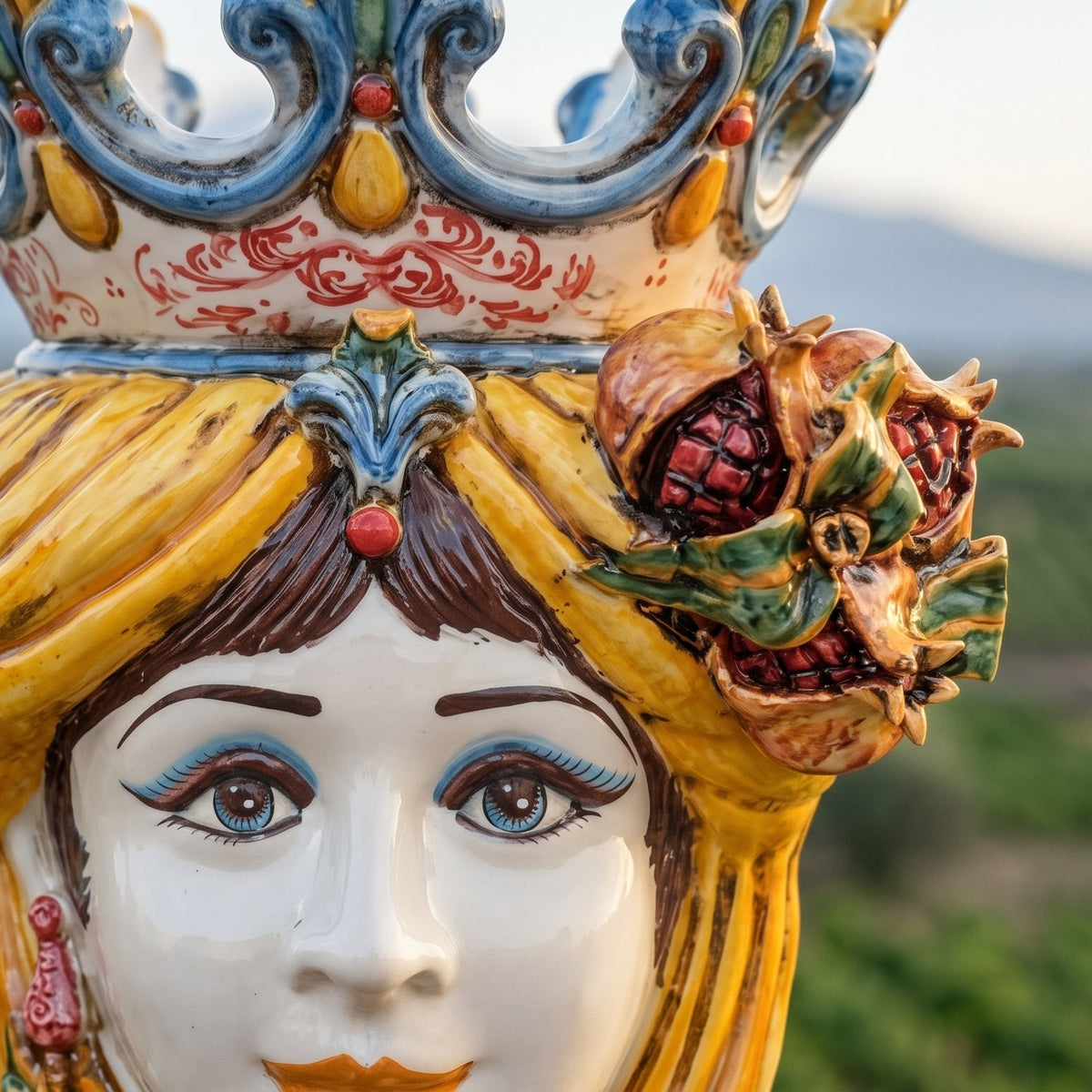 Sicilian Moor's Head with Pomegranates H 40 cm / 15.7", Woman, Yellow and Orange – Testa di Moro from Caltagirone, Sicily