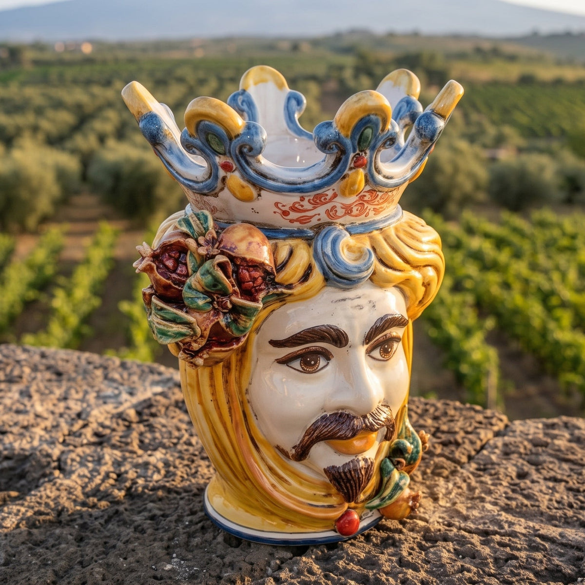 Moor's Head Vase with Pomegranates H 40 cm / 15.7", Male, Yellow and Orange – Testa di Moro from Caltagirone, Sicily