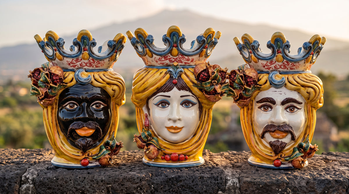 Moor's Head Vase with Pomegranates H 40 cm / 15.7", Male, Yellow and Orange – Testa di Moro from Caltagirone, Sicily