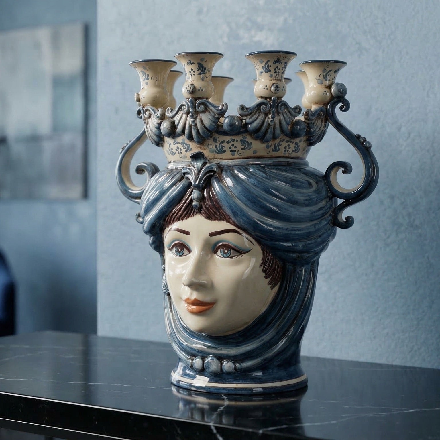 Sicilian Moor's Head Candle Holder H 40 cm / 15.7", Woman, Mono Blue – Testa di Moro from Caltagirone, Sicily