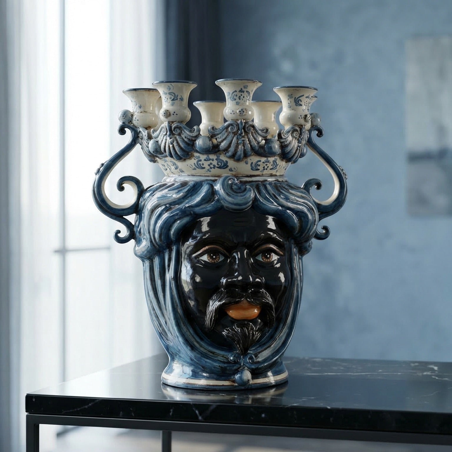 Moor's Head Vase Candle Holder H 40 cm / 15.7", Moro Man, Mono Blue – Testa di Moro from Caltagirone, Sicily