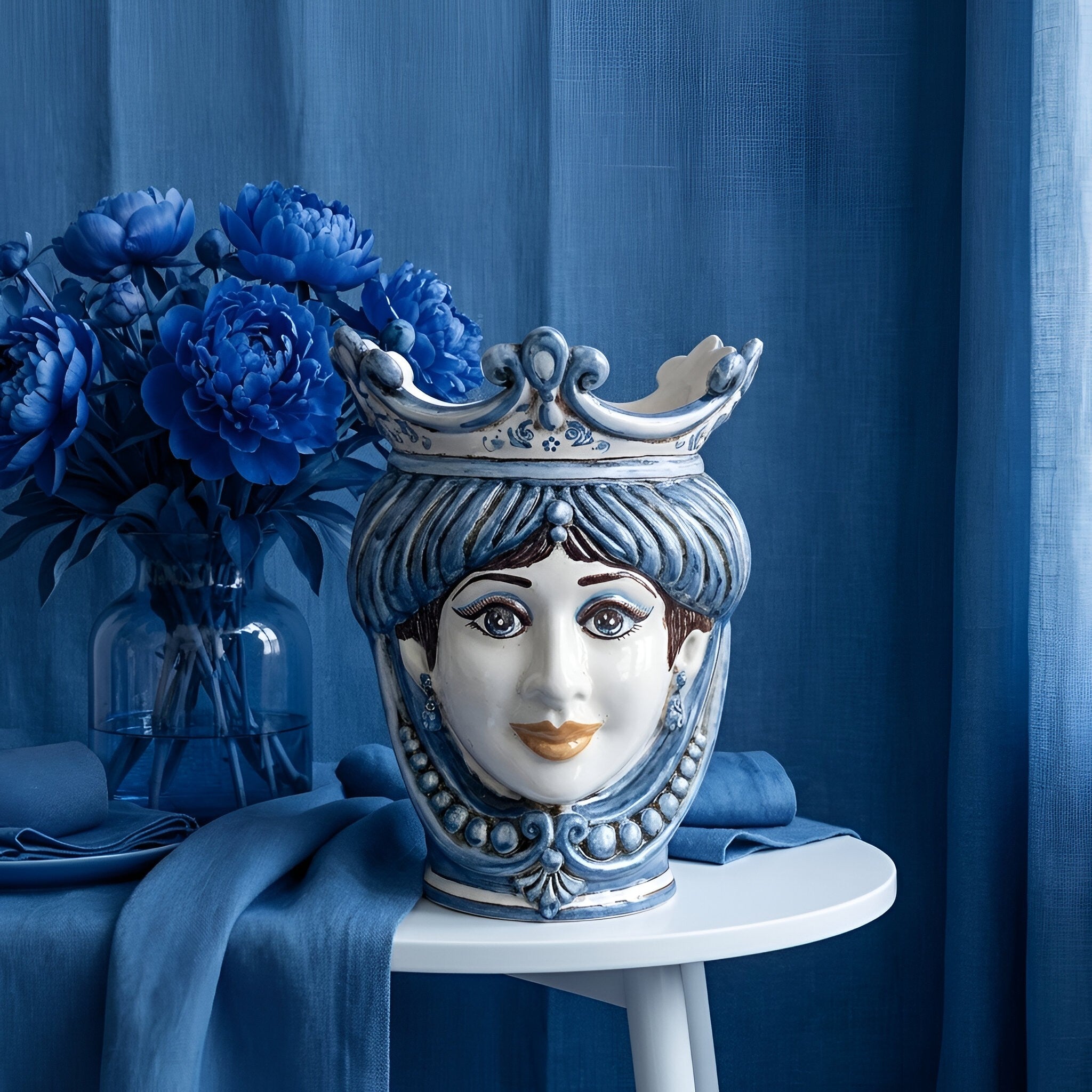 Head h 25 with beads monochrome of blue female