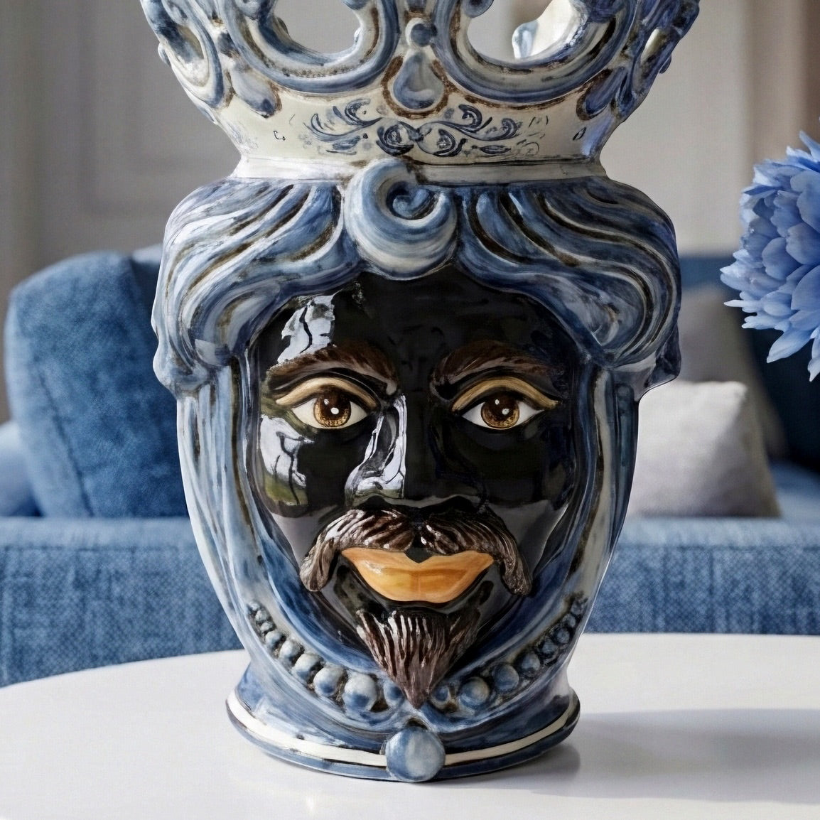 Sicilian Head Vase with Beads H 40 cm / 15.7", Moro Man, Mono Blue – Testa di Moro from Caltagirone, Sicily