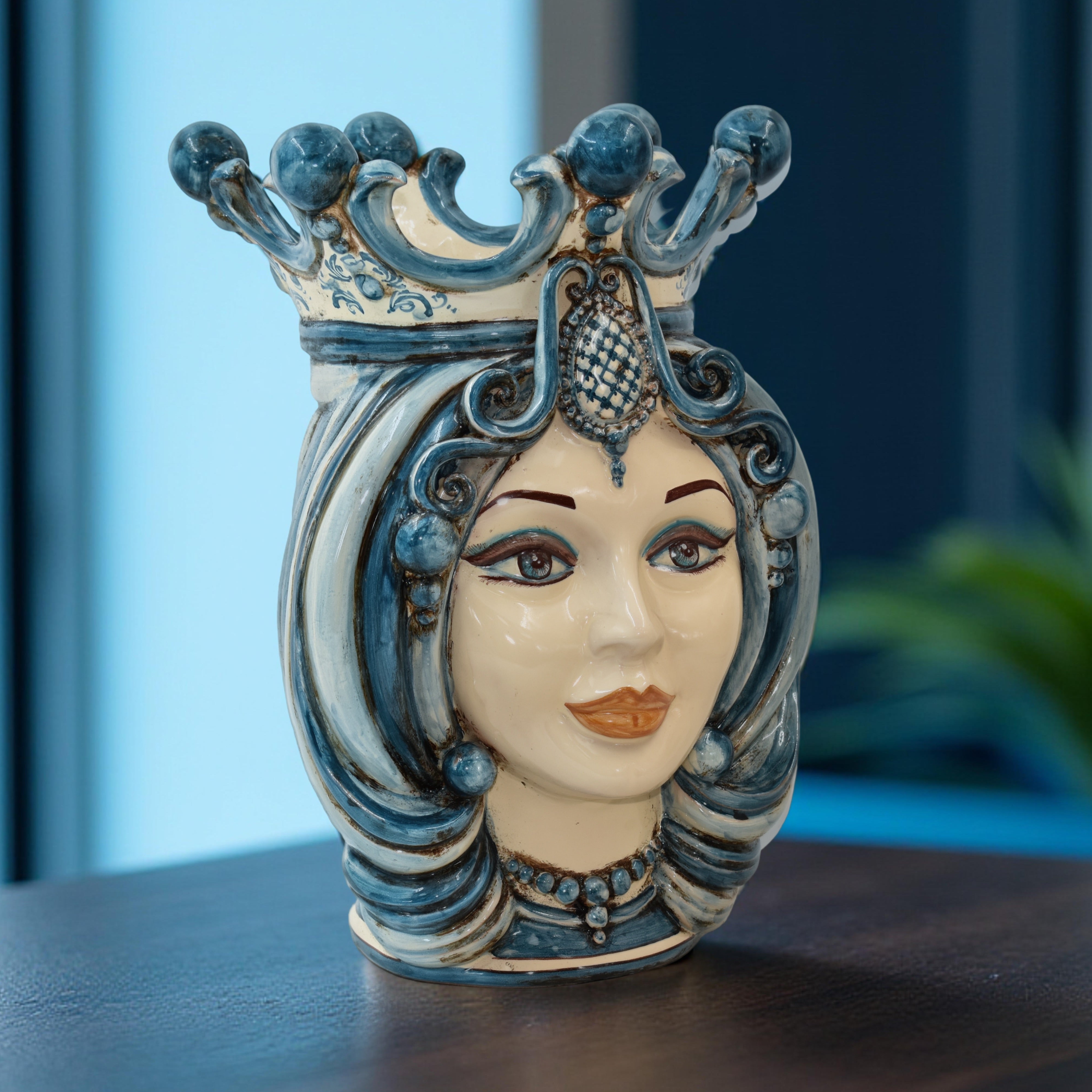 Ceramic Head of Sicily h 38 mono blu female - Sofia Ceramiche artistic Ceramics