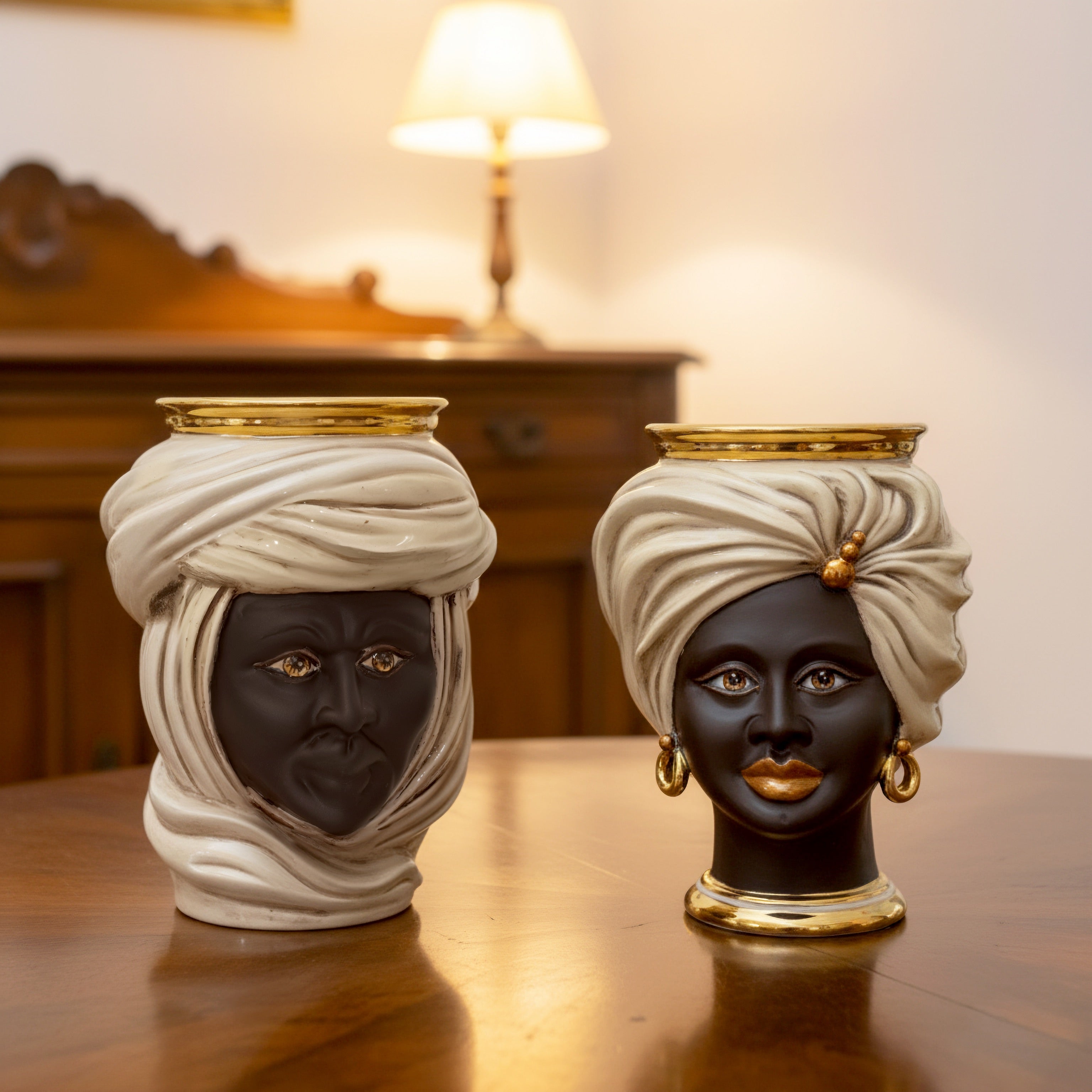 Tuareg Head Vase H 20 cm / 7.9", Man, Mother of Pearl – Testa di Moro from Caltagirone, Sicily