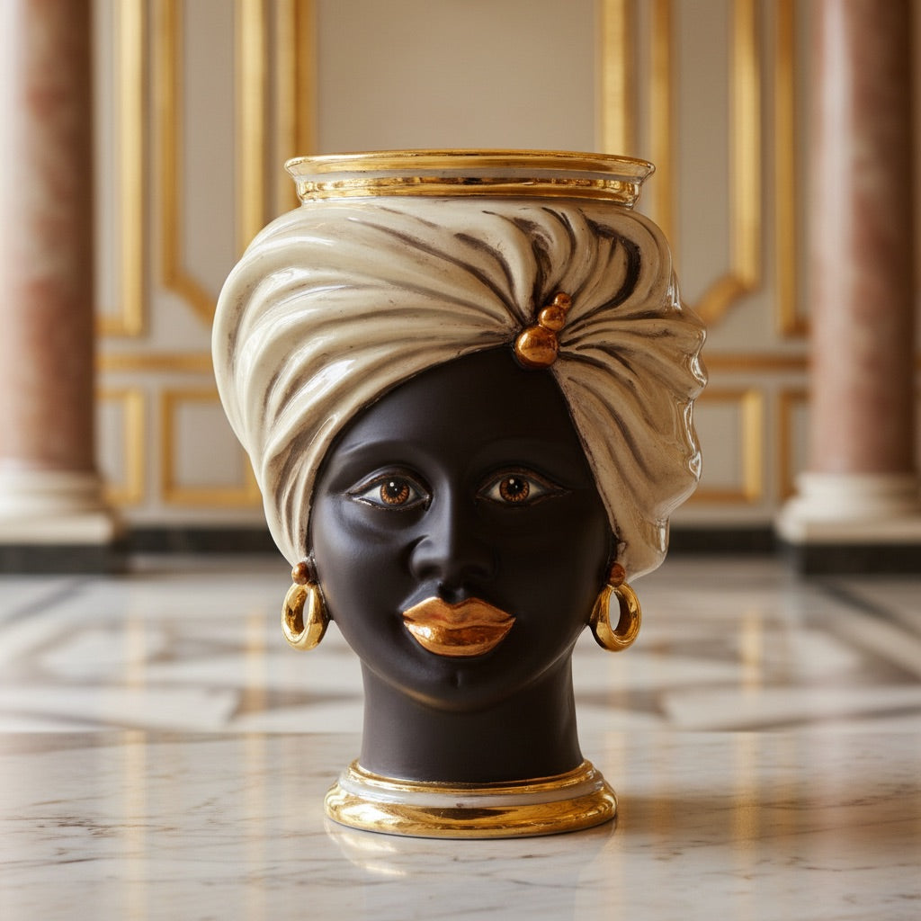 Tuareg Head Vase H 20 cm / 7.9", Woman, Mother of Pearl – Testa di Moro from Caltagirone, Sicily
