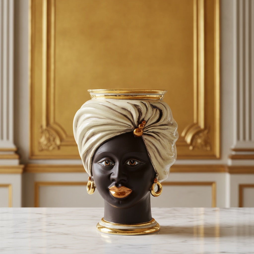 Tuareg Head Vase H 20 cm / 7.9", Woman, Mother of Pearl – Testa di Moro from Caltagirone, Sicily