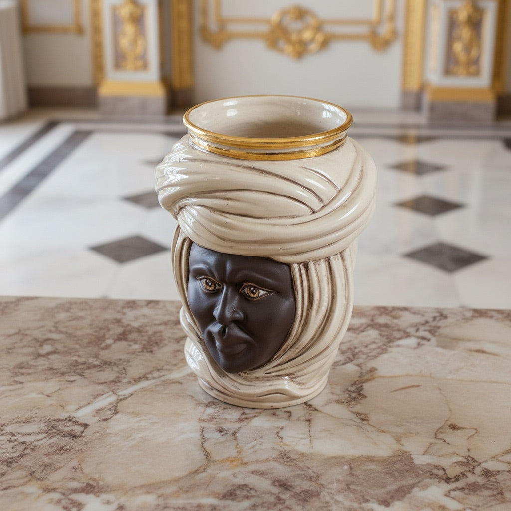 Tuareg Head Vase H 20 cm / 7.9", Man, Mother of Pearl – Testa di Moro from Caltagirone, Sicily