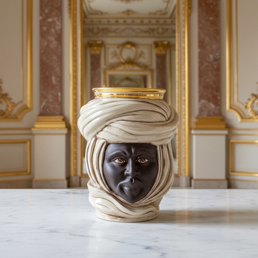 Tuareg Head Vase H 20 cm / 7.9", Man, Mother of Pearl – Testa di Moro from Caltagirone, Sicily