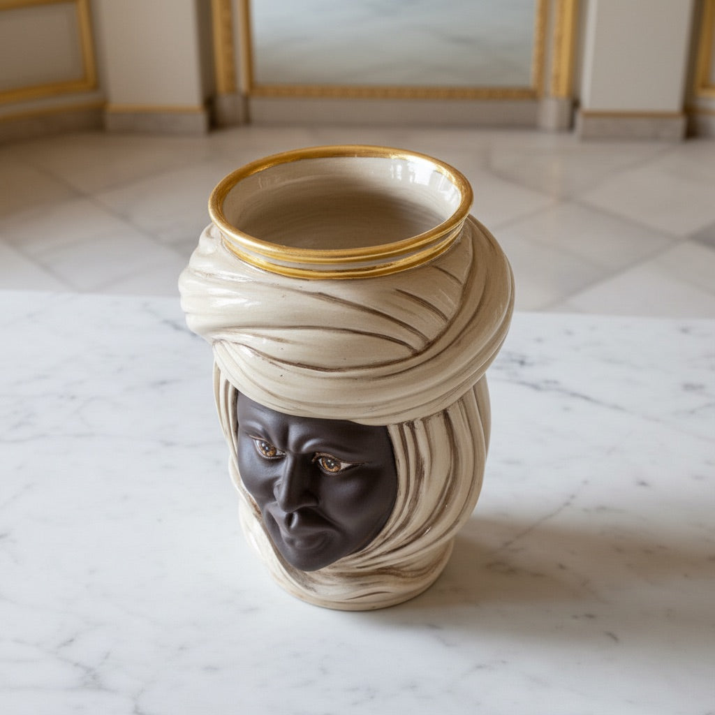 Tuareg Head Vase H 20 cm / 7.9", Man, Mother of Pearl – Testa di Moro from Caltagirone, Sicily