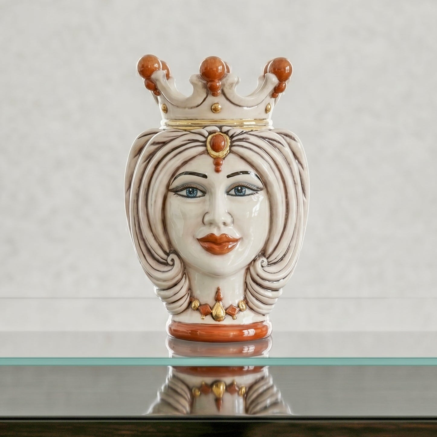 Moor's Head Vase with Turban H 25 cm / 9.8", Woman, Mother of Pearl – Testa di Moro from Caltagirone, Sicily