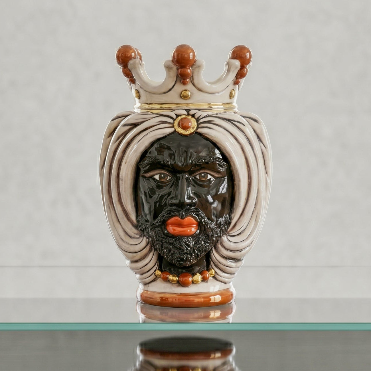 Sicilian Moor's Head with Turban H 25 cm / 9.8", Moro Man, Mother of Pearl – Testa di Moro from Caltagirone, Sicily