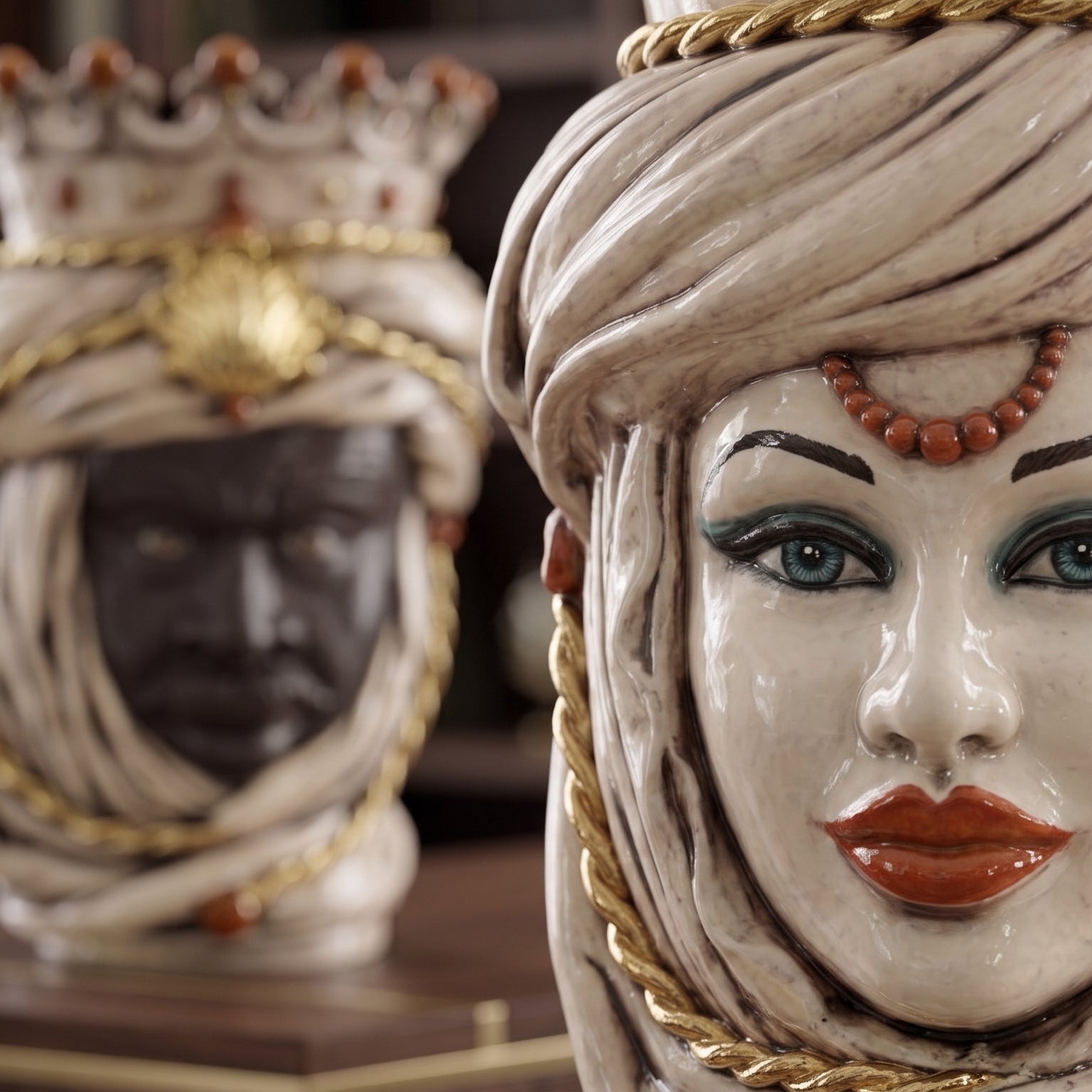 Sicilian Moor's Head H 48 cm / 18.9", Woman, Antique Mother of Pearl Gold – Testa di Moro from Caltagirone, Sicily