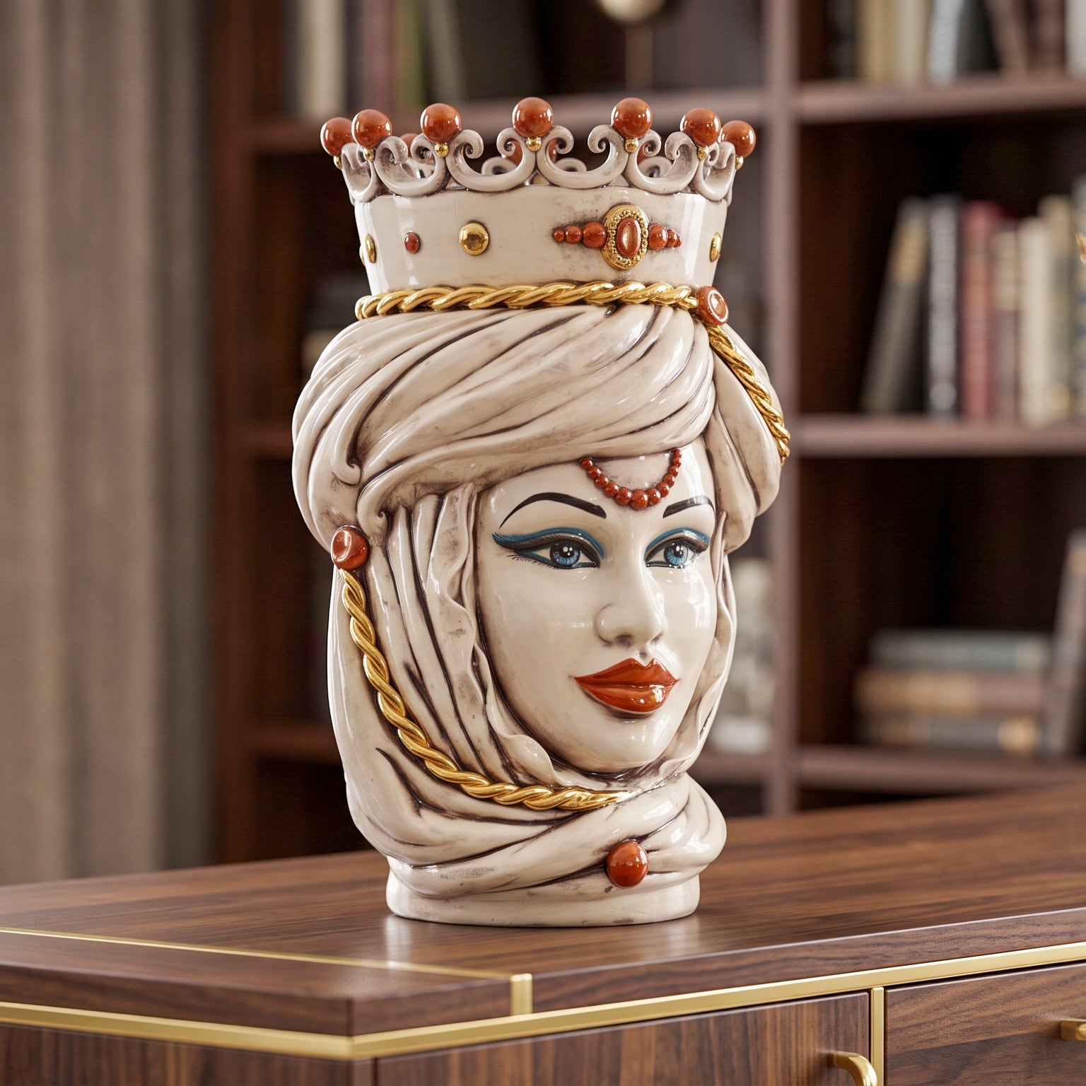 Sicilian Moor's Head H 48 cm / 18.9", Woman, Antique Mother of Pearl Gold – Testa di Moro from Caltagirone, Sicily