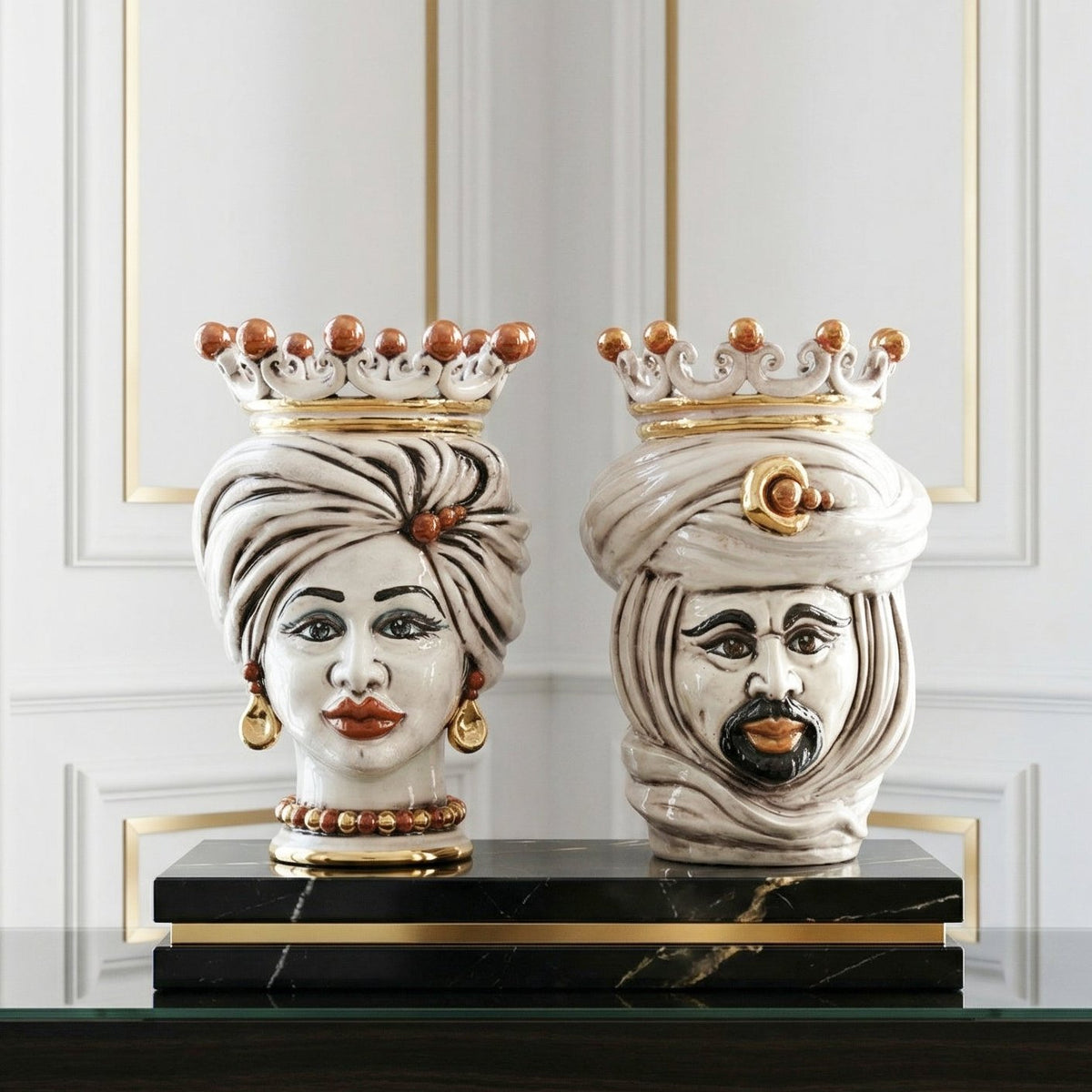 Tuareg Head Vase with Crown H 20 cm / 7¾", Glossy Face, Antique Mother of Pearl, Gold and Lustres – Testa di Moro from Caltagirone, Sicily