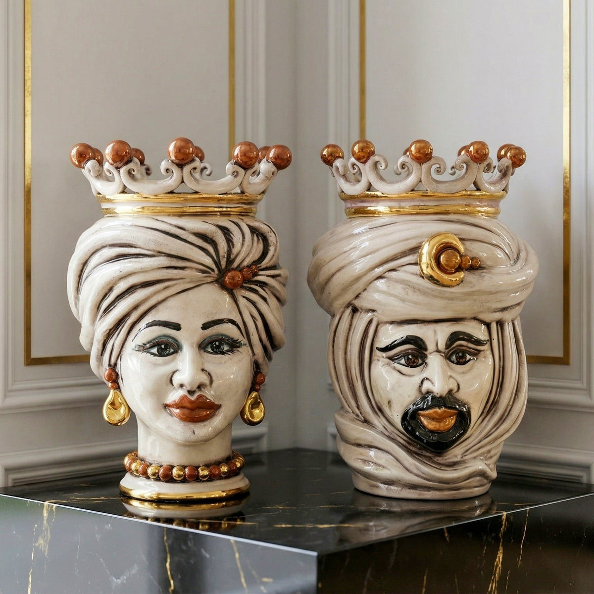 Tuareg Head Vase with Crown H 20 cm / 7¾", Glossy Face, Antique Mother of Pearl, Gold and Lustres – Testa di Moro from Caltagirone, Sicily