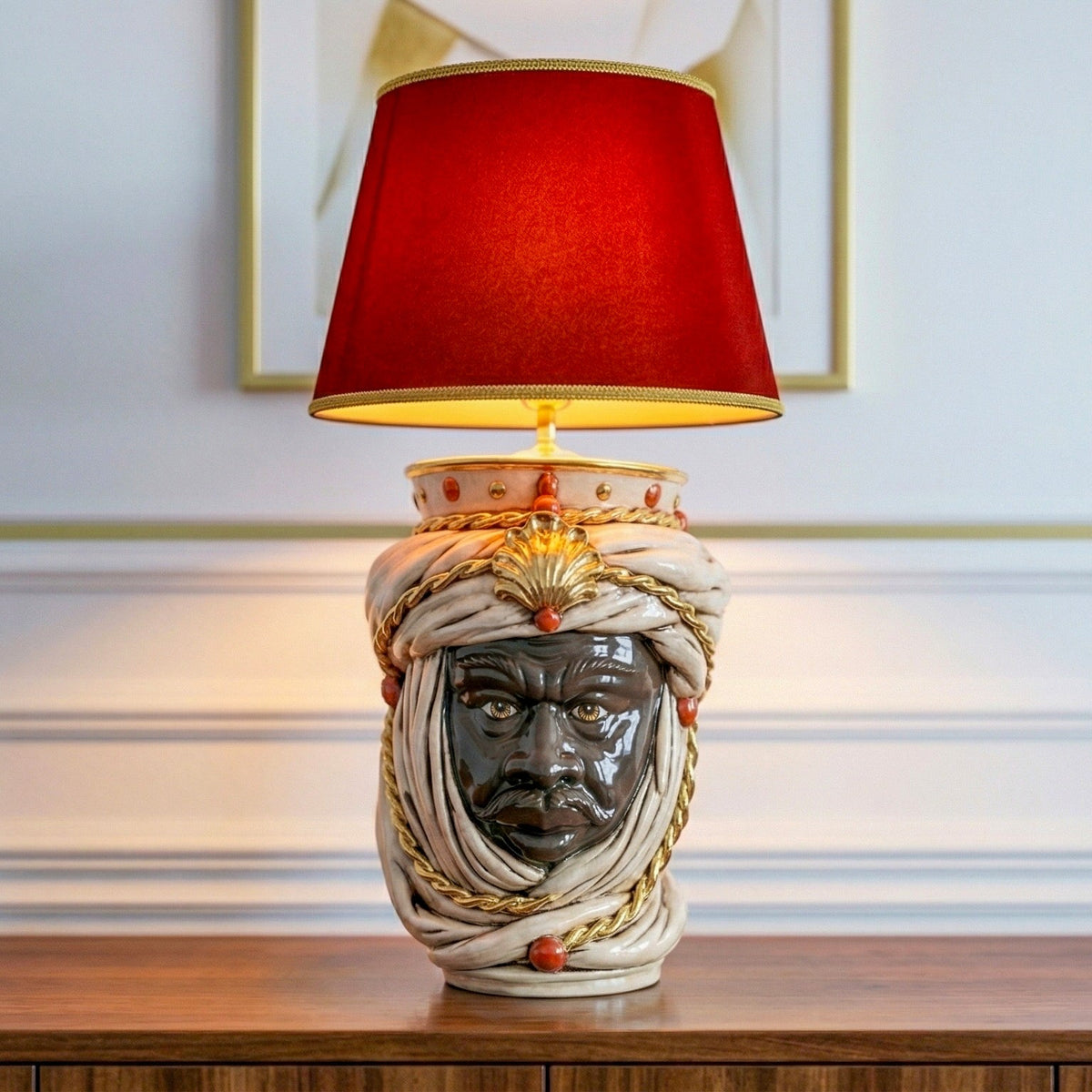 Tuareg Head Lamp with Crown H 70 cm / 27½" (Ceramic H 40 cm / 15¾", Fabric Lampshade Ø 45 cm / 17¾"), Moro Male, Antique Mother of Pearl, Gold and Lustre – Testa di Moro from Caltagirone, Sicily