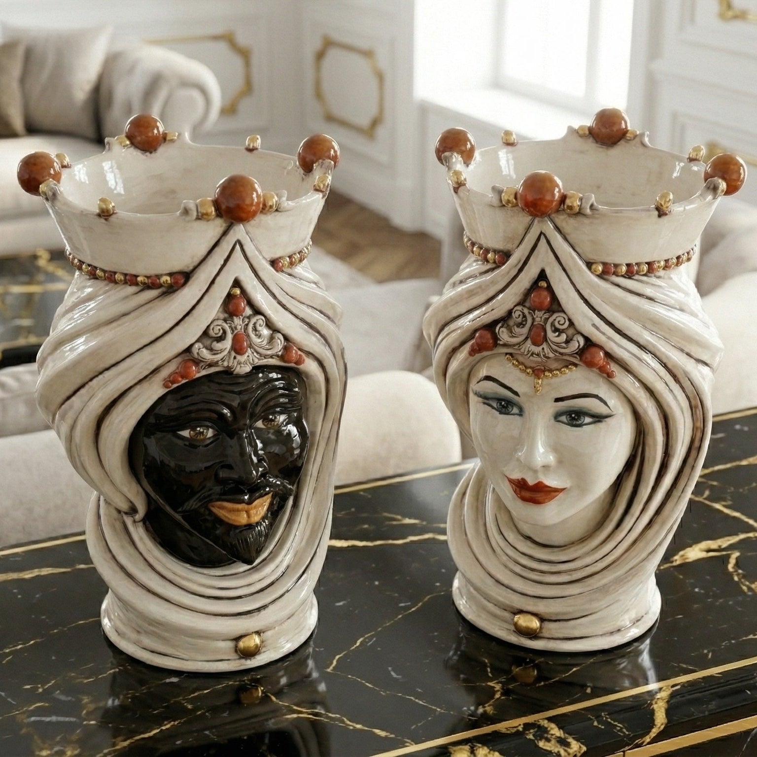 Moor's Head Vase with Turban H 45 cm / 17.7", Man, Antique Mother of Pearl – Testa di Moro from Caltagirone, Sicily