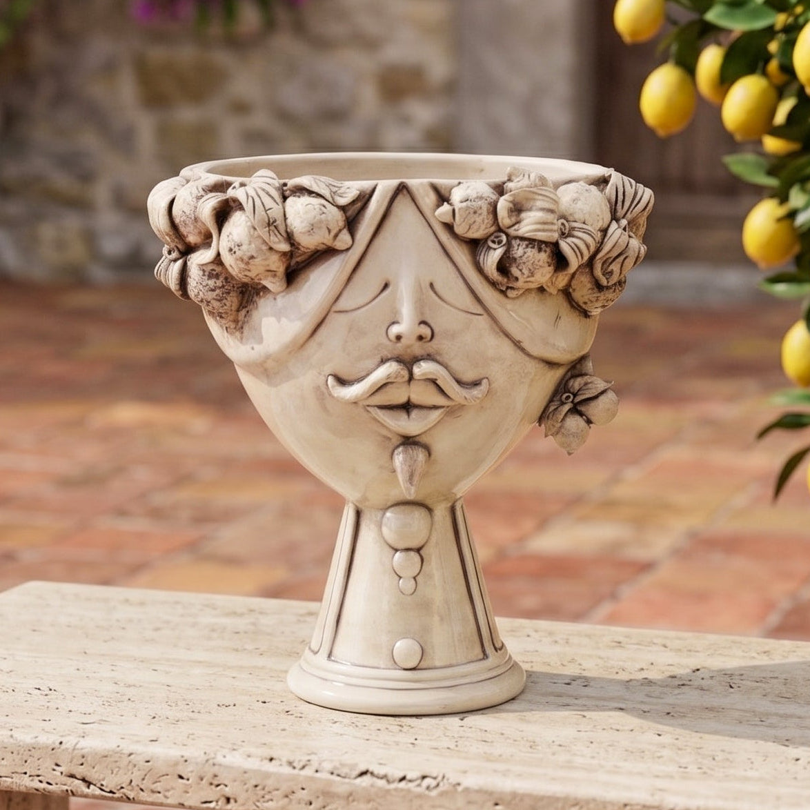 Sicilian Head Vase with Lemons H 30 cm / 11.8", Man, Antique Mother of Pearl – Testa di Moro from Caltagirone, Sicily