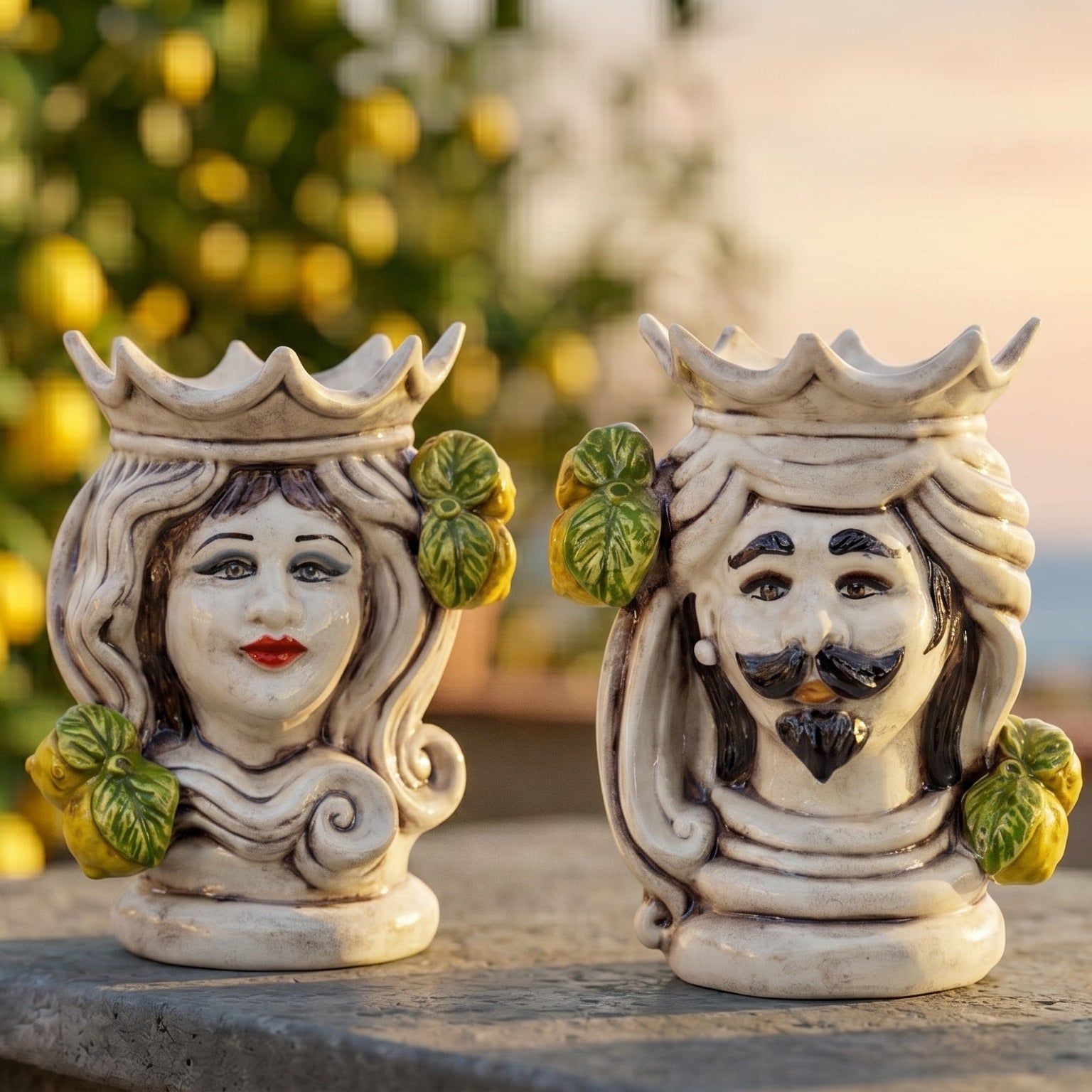 Testa di Moro Female H 15 cm / 5¾" in Caltagirone Ceramic — Sicilian Lemons, Coloured Mother of Pearl