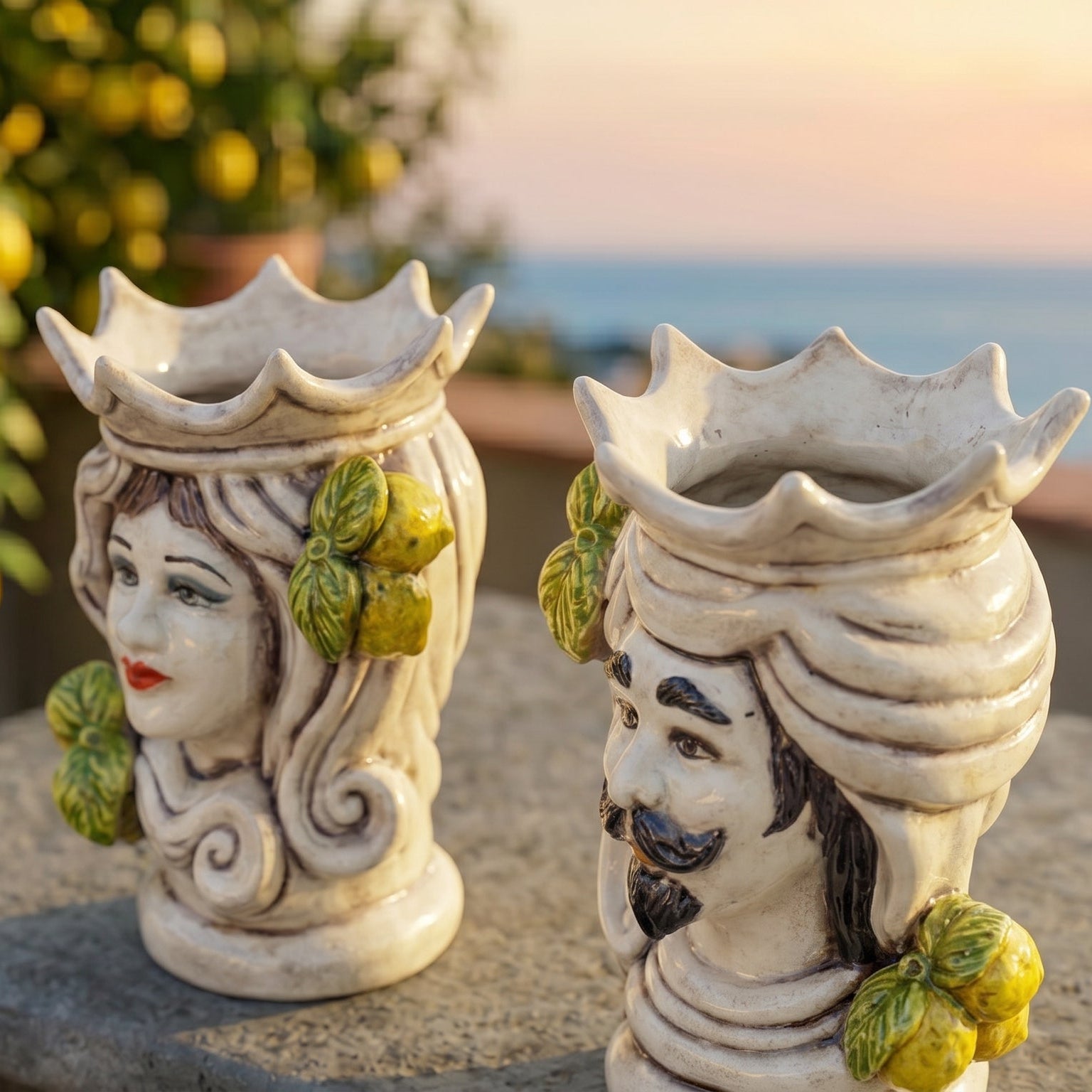Testa di Moro Female H 15 cm / 5¾" in Caltagirone Ceramic — Sicilian Lemons, Coloured Mother of Pearl