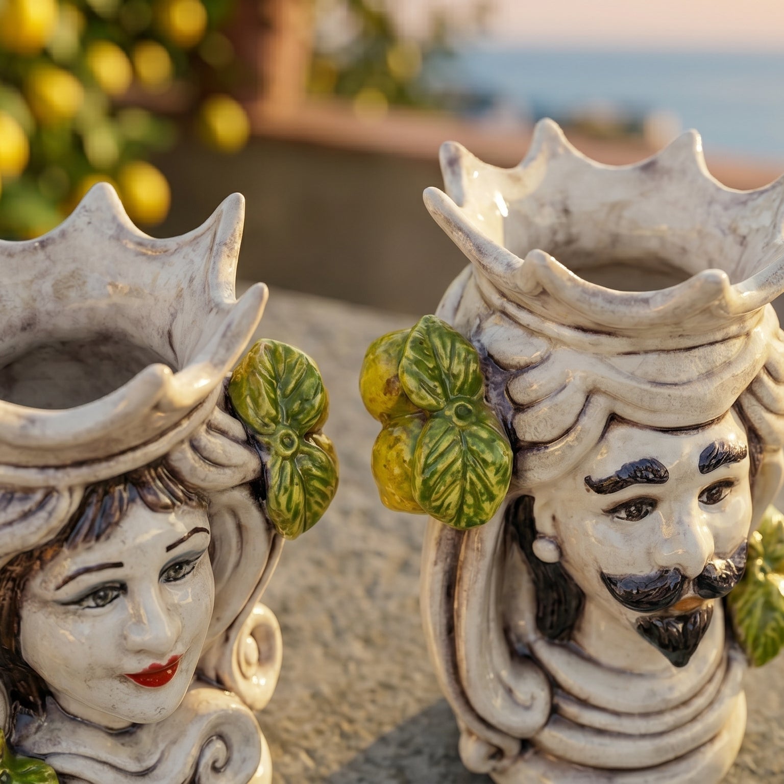 Testa di Moro Female H 15 cm / 5¾" in Caltagirone Ceramic — Sicilian Lemons, Coloured Mother of Pearl
