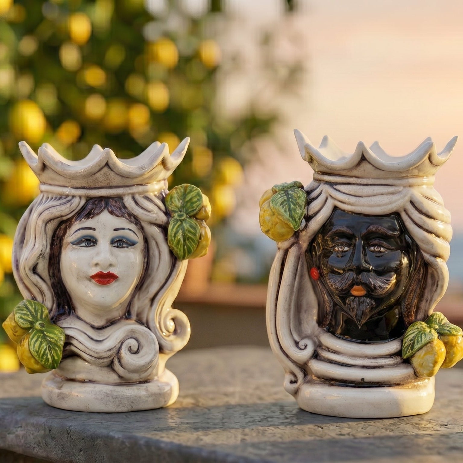 Testa di Moro Female H 15 cm / 5¾" in Caltagirone Ceramic — Sicilian Lemons, Coloured Mother of Pearl