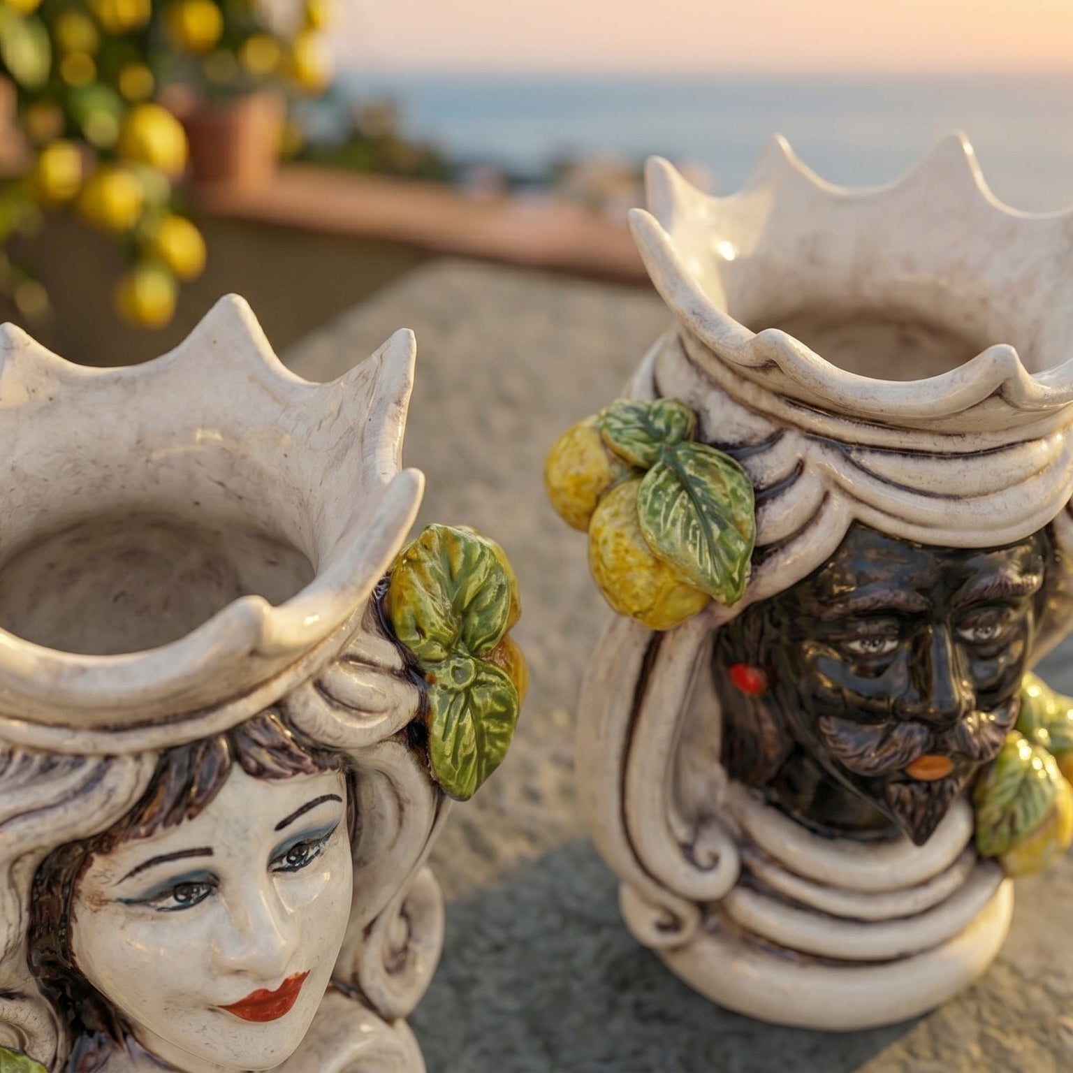 Testa di Moro Female H 15 cm / 5¾" in Caltagirone Ceramic — Sicilian Lemons, Coloured Mother of Pearl