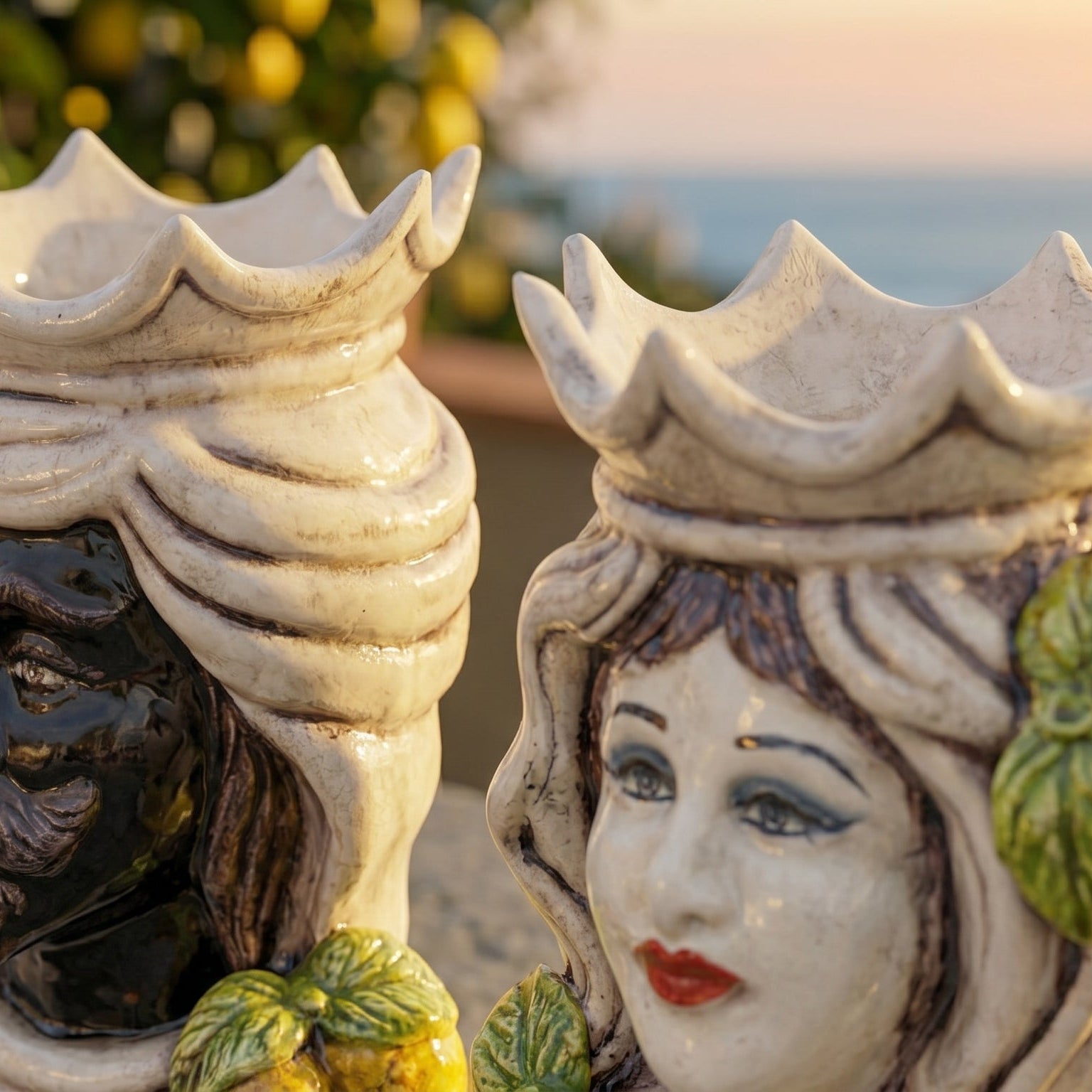 Testa di Moro Female H 15 cm / 5¾" in Caltagirone Ceramic — Sicilian Lemons, Coloured Mother of Pearl