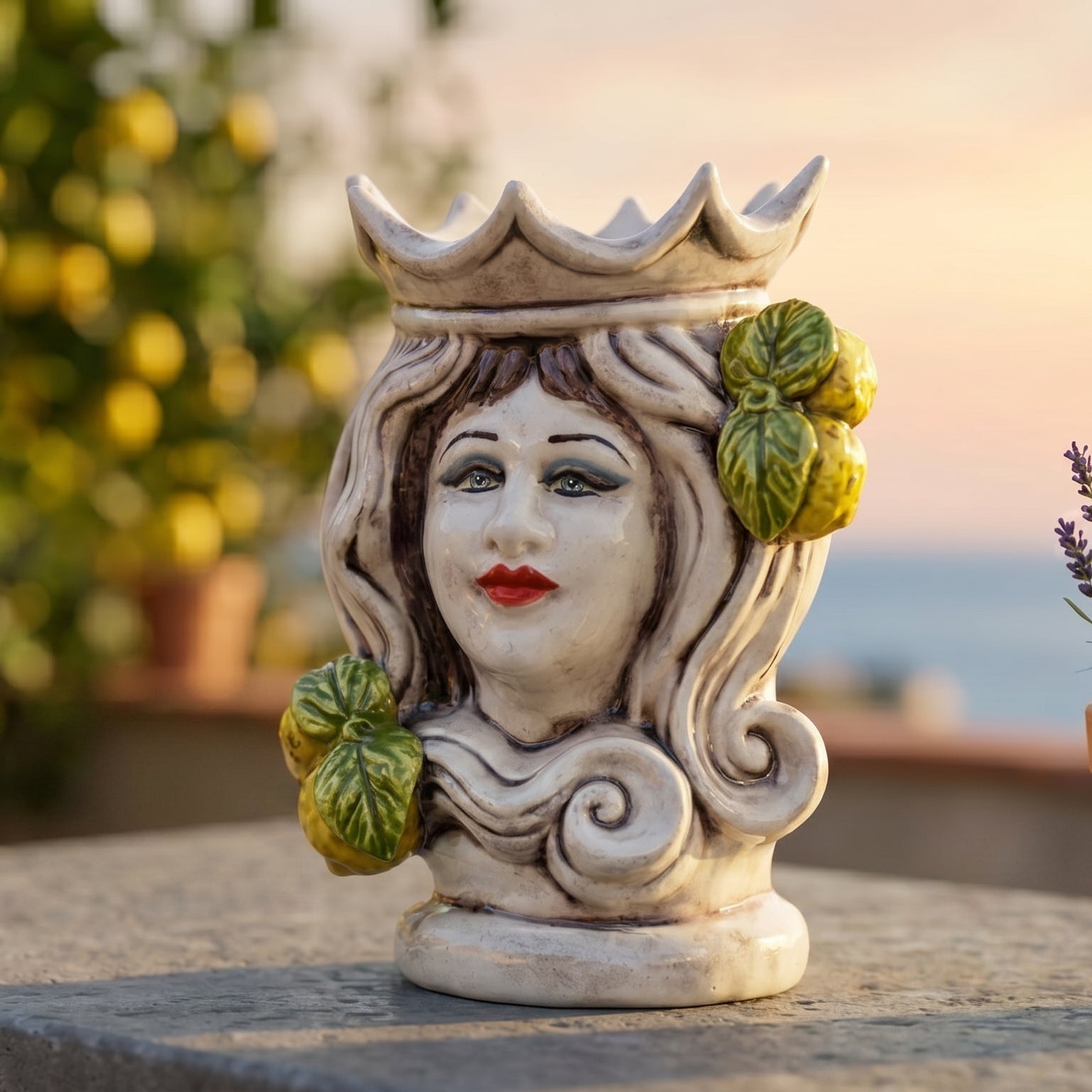 Testa di Moro Female H 15 cm / 5¾" in Caltagirone Ceramic — Sicilian Lemons, Coloured Mother of Pearl
