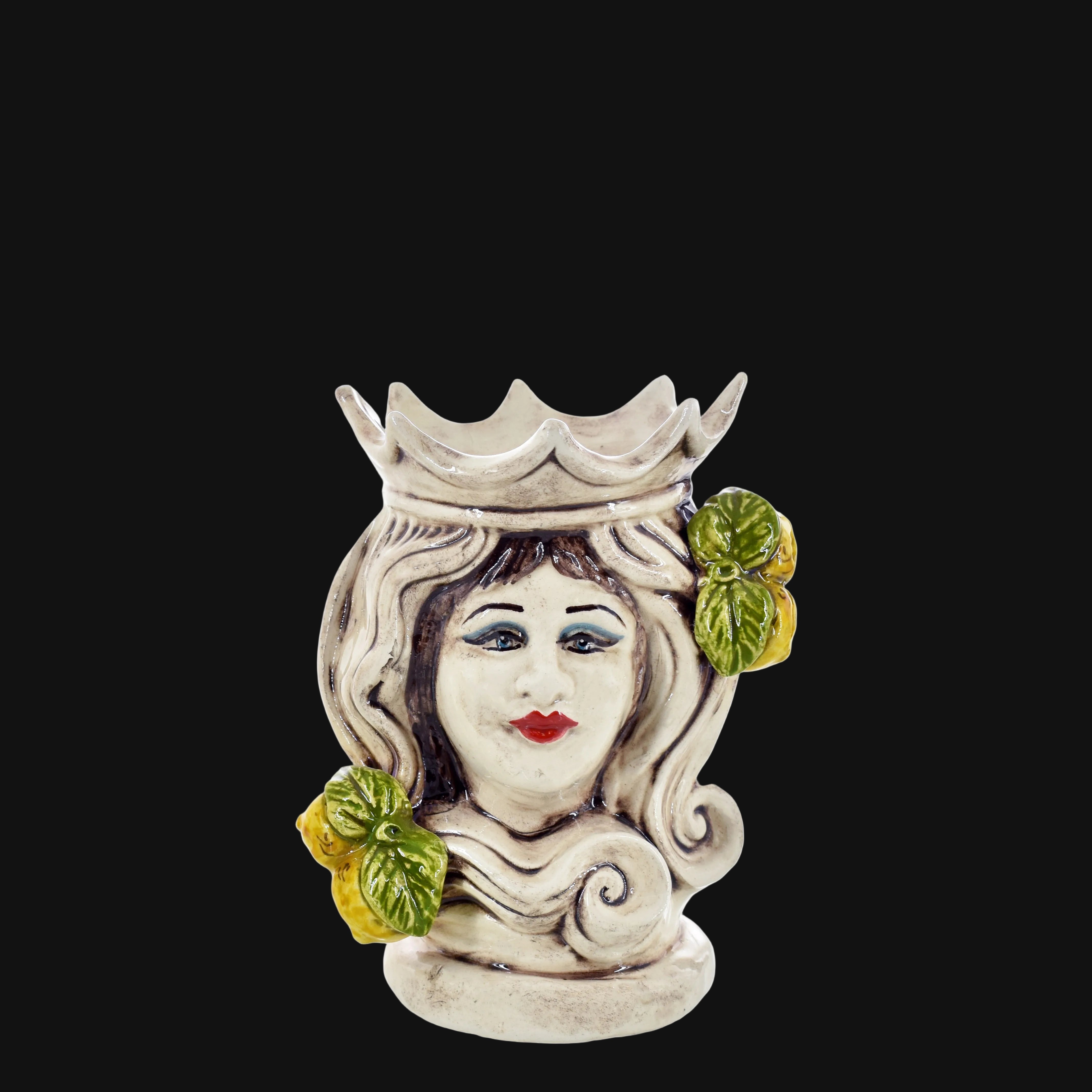 Testa di Moro Female H 15 cm / 5¾" in Caltagirone Ceramic — Sicilian Lemons, Coloured Mother of Pearl