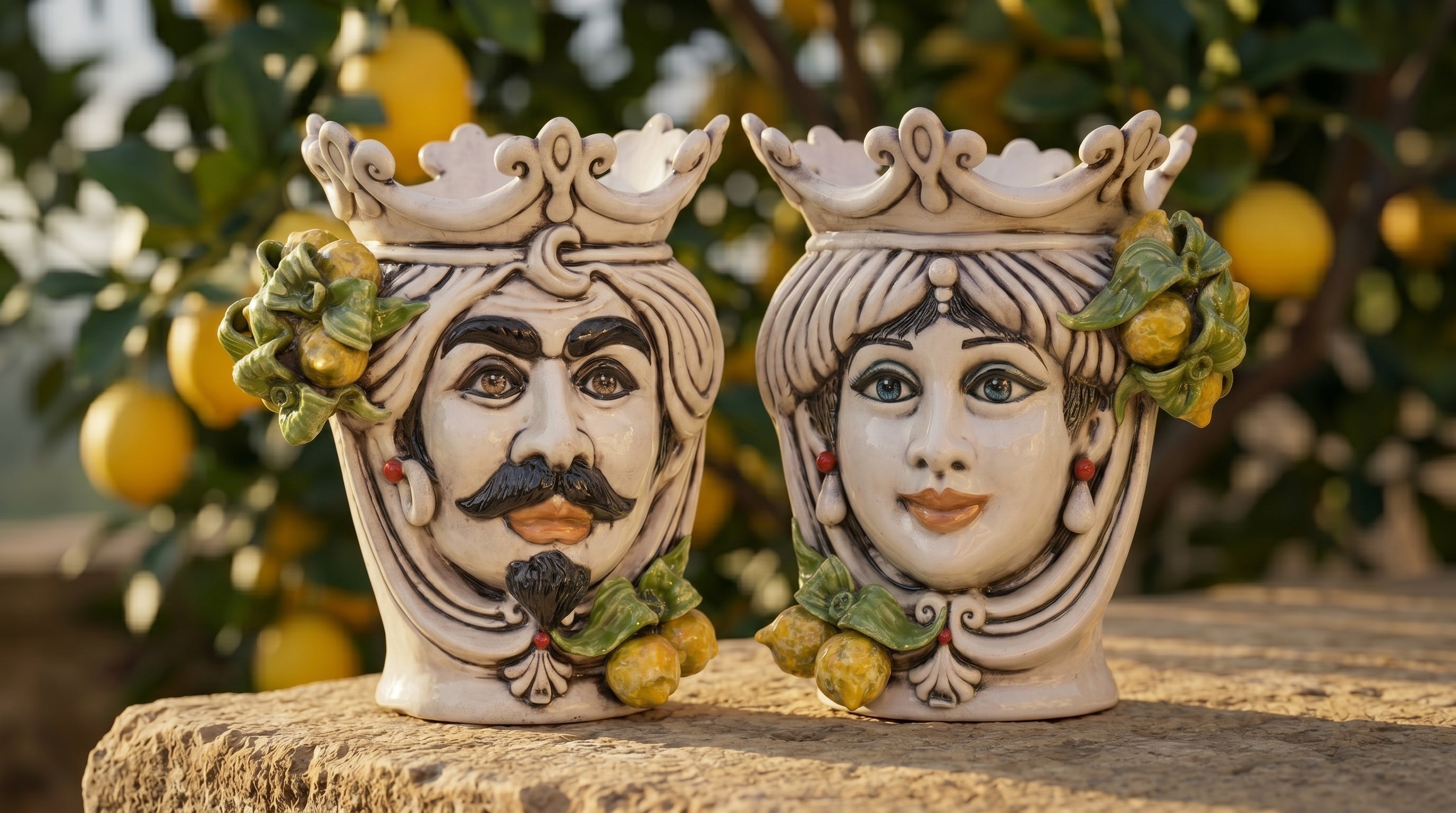 Sicilian Moor's Head with Lemons H 25 cm / 9.8", Woman, Mother of Pearl – Testa di Moro from Caltagirone, Sicily