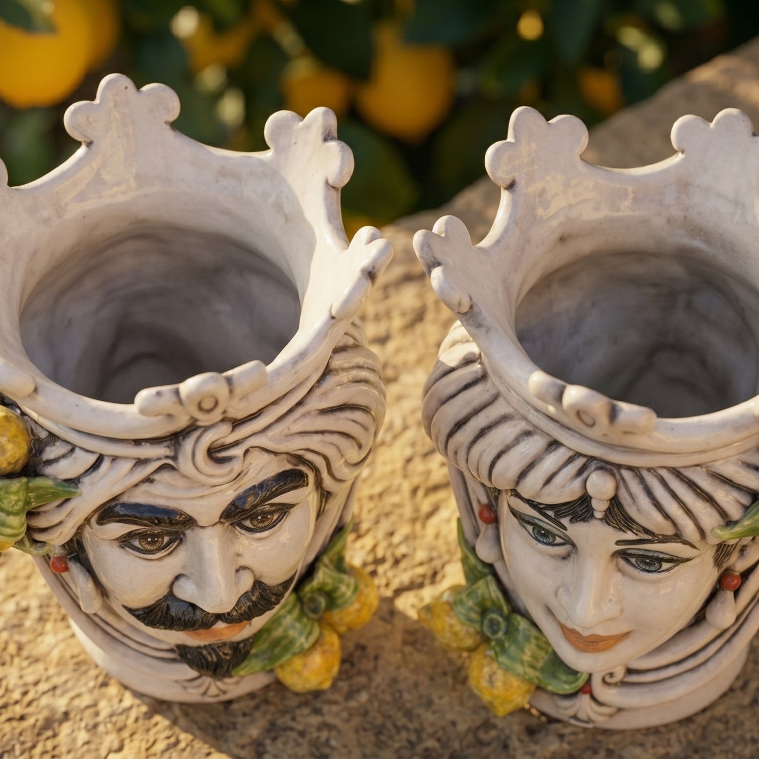 Sicilian Moor's Head with Lemons H 25 cm / 9.8", Woman, Mother of Pearl – Testa di Moro from Caltagirone, Sicily