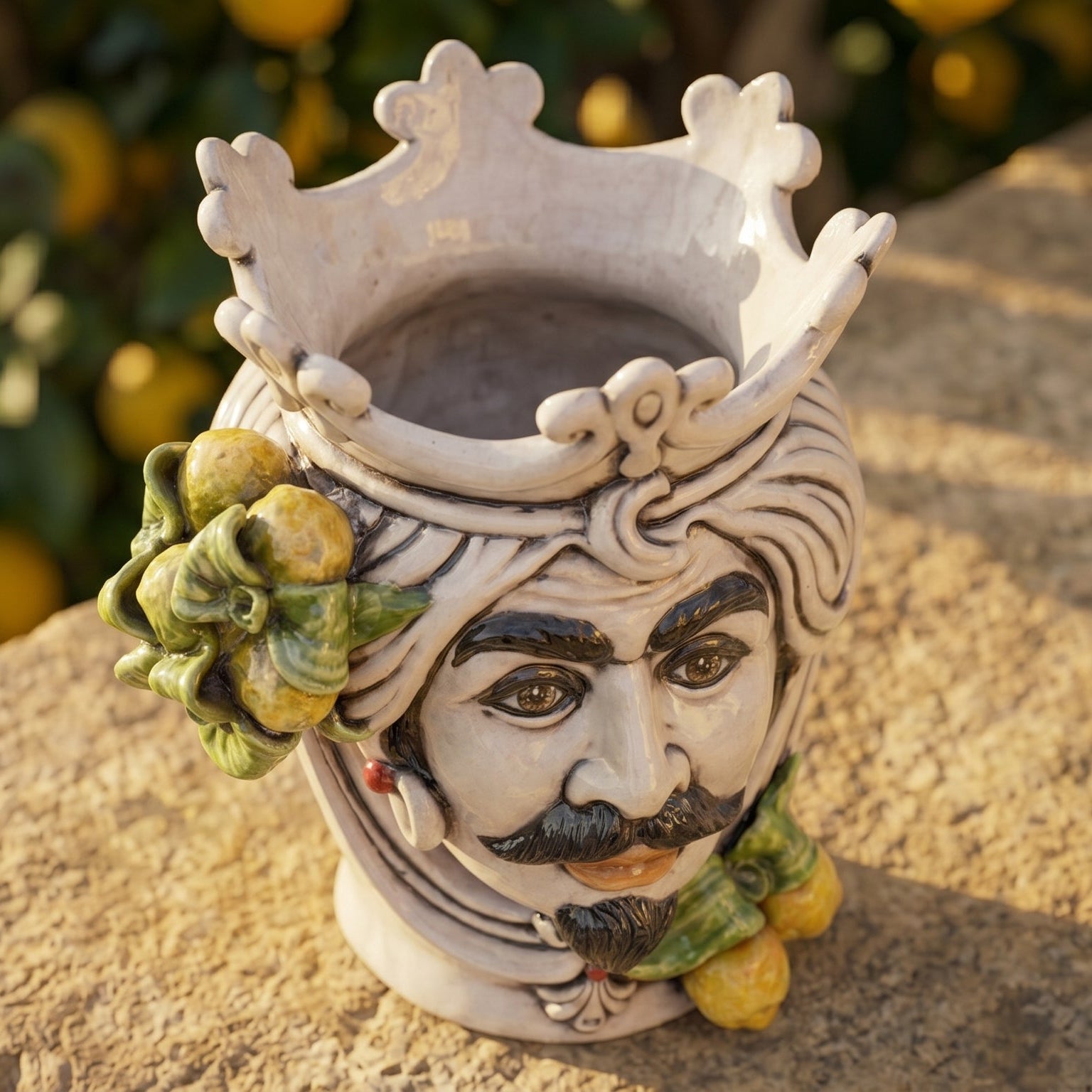 Sicilian Moor's Head with Lemons H 25 cm / 9.8", Man, Mother of Pearl – Testa di Moro from Caltagirone, Sicily