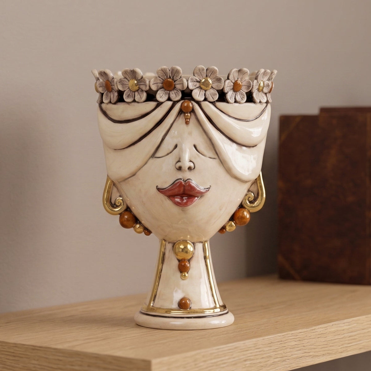 Sicilian Moor's Head with Flowers H 30 cm / 11.8", Woman, Antique Mother of Pearl – Testa di Moro from Caltagirone, Sicily