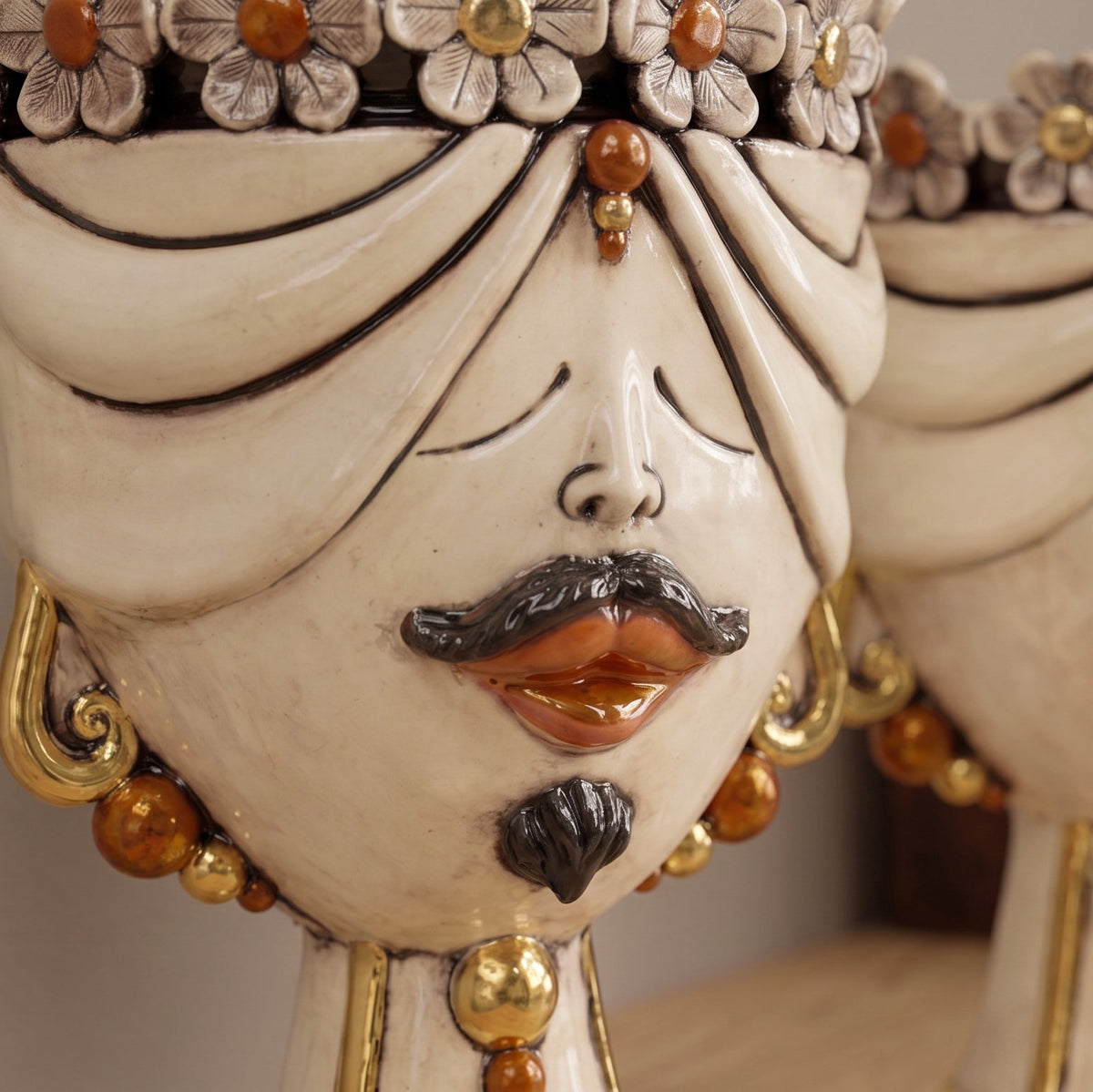 Sicilian Head Vase with Flowers H 30 cm / 11.8", Man, Antique Mother of Pearl – Testa di Moro from Caltagirone, Sicily