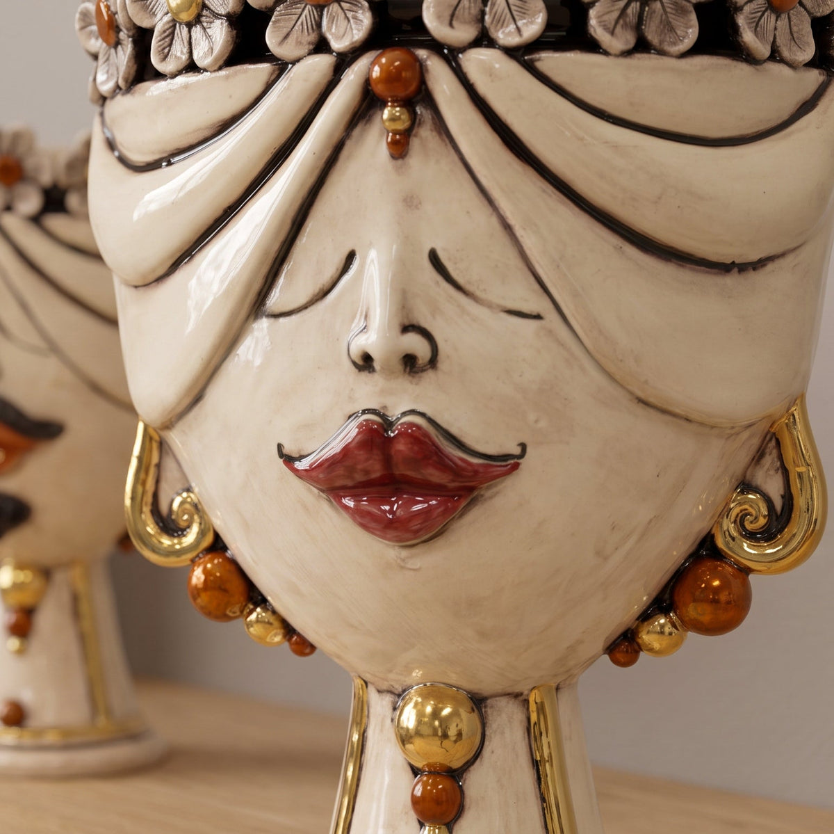Sicilian Moor's Head with Flowers H 30 cm / 11.8", Woman, Antique Mother of Pearl – Testa di Moro from Caltagirone, Sicily