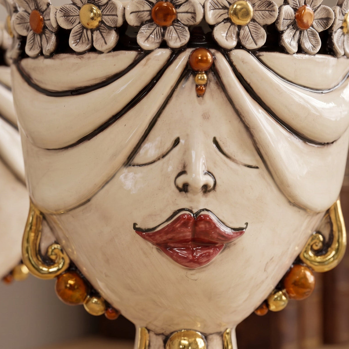 Sicilian Moor's Head with Flowers H 30 cm / 11.8", Woman, Antique Mother of Pearl – Testa di Moro from Caltagirone, Sicily