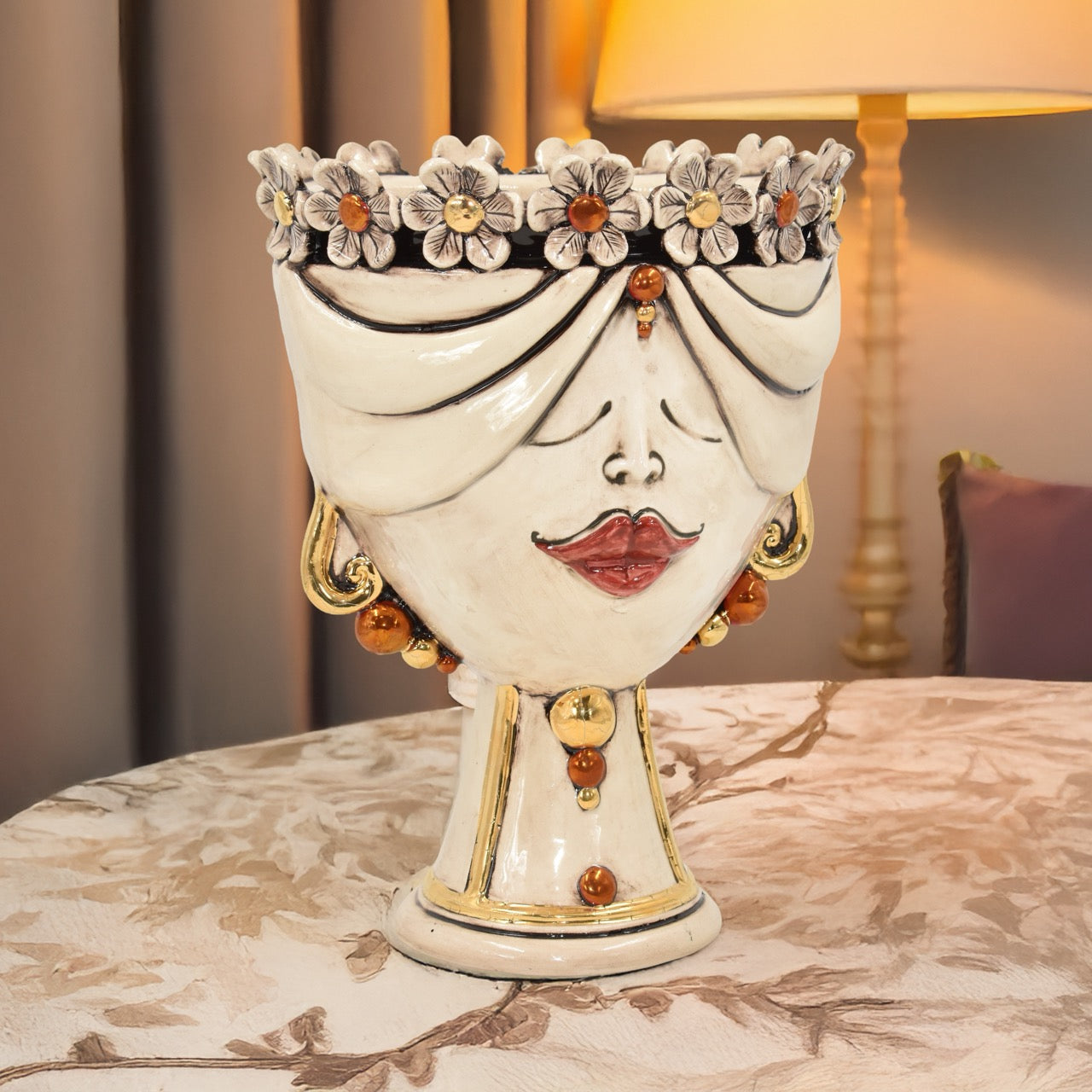 Zahira Moor's Head Woman with Flowers Mother of Pearl Antiqued with Gold and Lustres