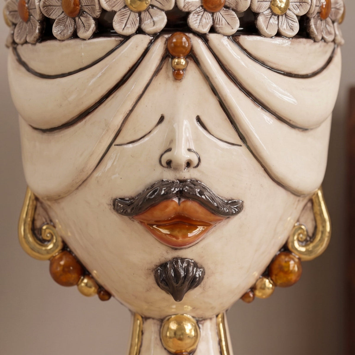 Sicilian Head Vase with Flowers H 30 cm / 11.8", Man, Antique Mother of Pearl – Testa di Moro from Caltagirone, Sicily