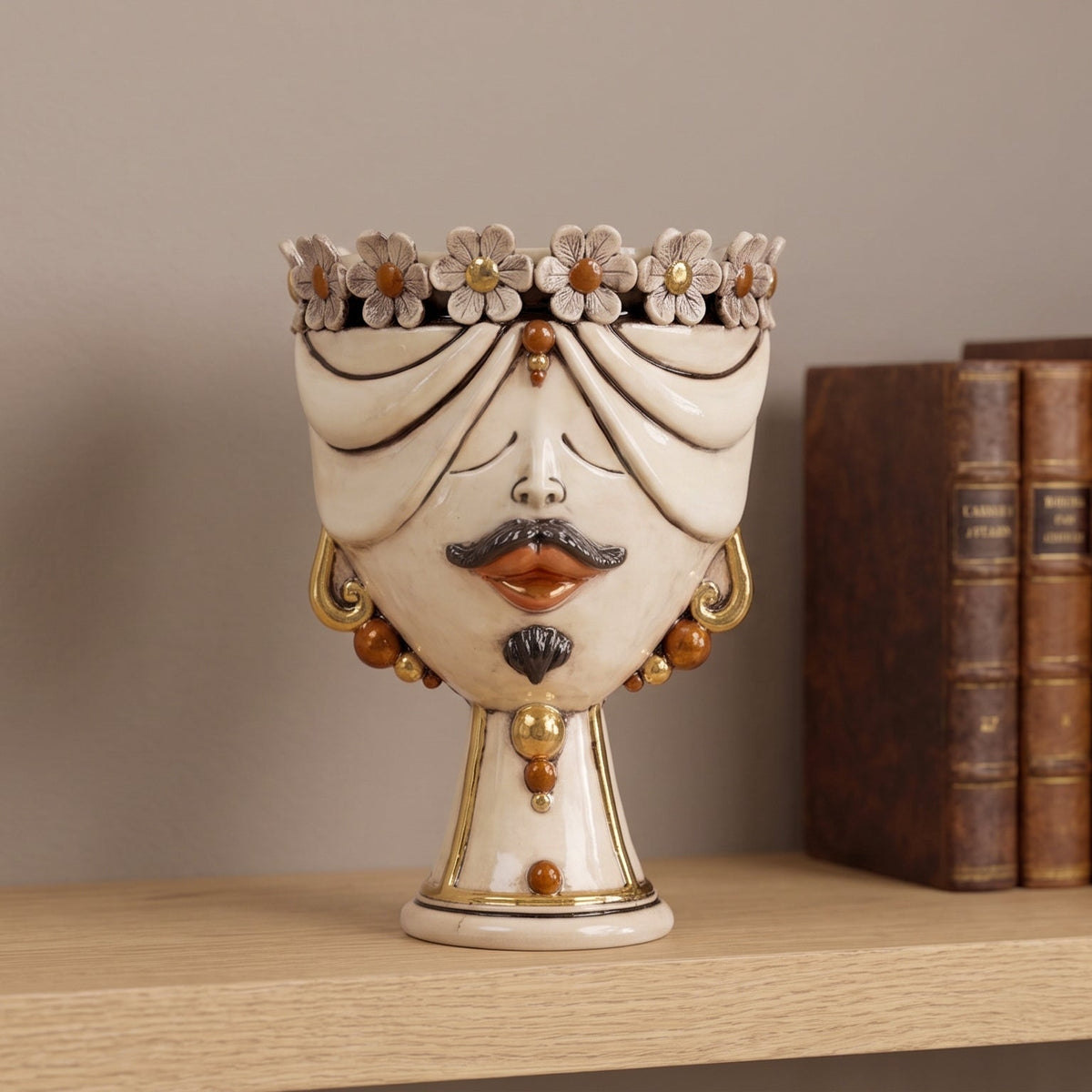 Sicilian Head Vase with Flowers H 30 cm / 11.8", Man, Antique Mother of Pearl – Testa di Moro from Caltagirone, Sicily