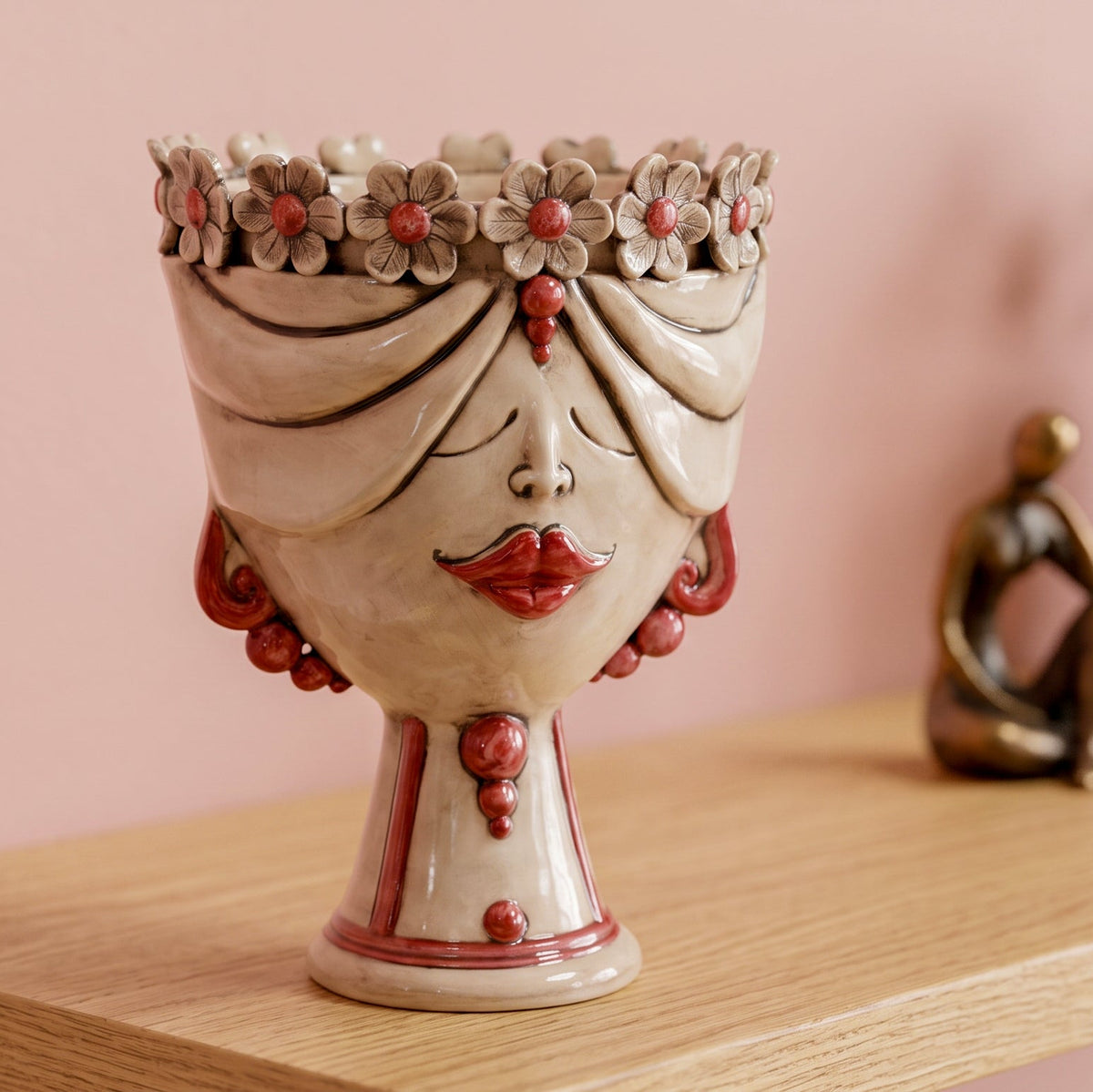 Sicilian Moor's Head with Flowers H 30 cm / 11.8", Woman, Antique Mother of Pearl – Testa di Moro from Caltagirone, Sicily