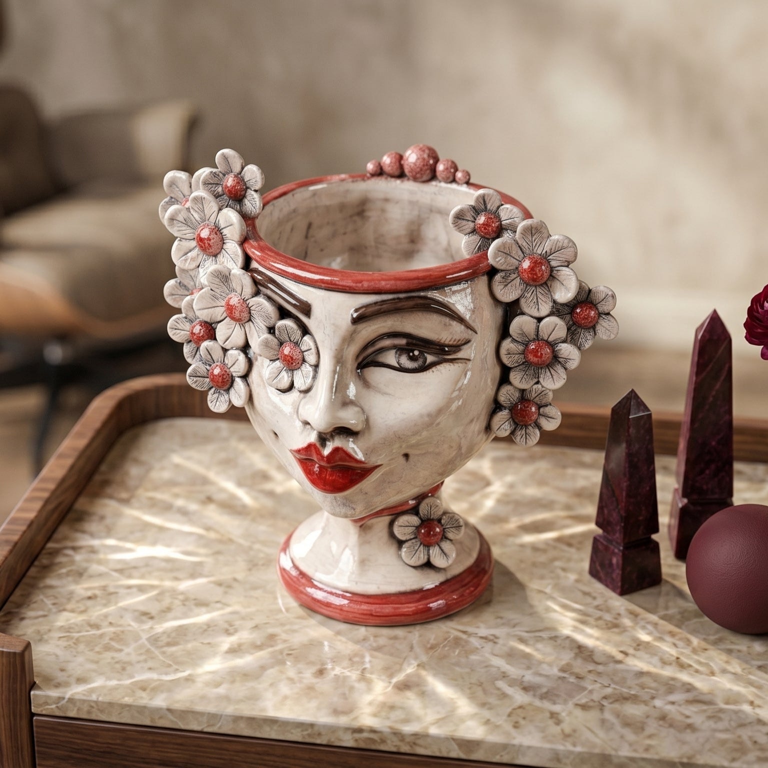 Sicilian Moor's Head with Flowers H 20 cm / 7.9", Woman, Mother of Pearl – Testa di Moro from Caltagirone, Sicily