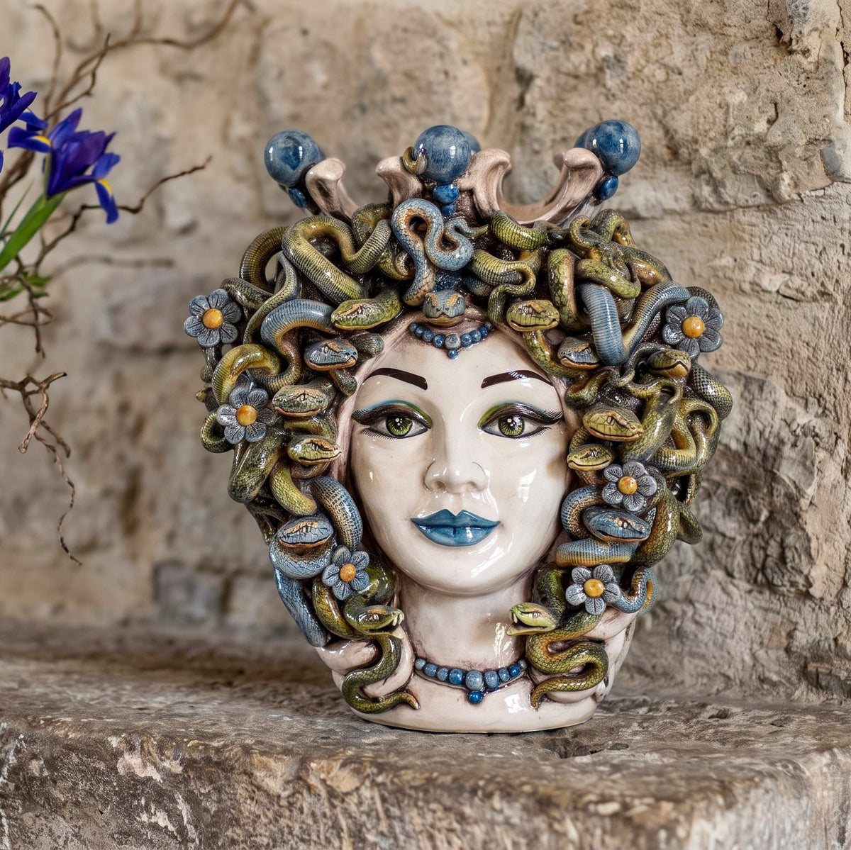 Medusa Head Vase with Blue Beads H 38 cm / 15", Antique Mother of Pearl – Testa di Moro from Caltagirone, Sicily