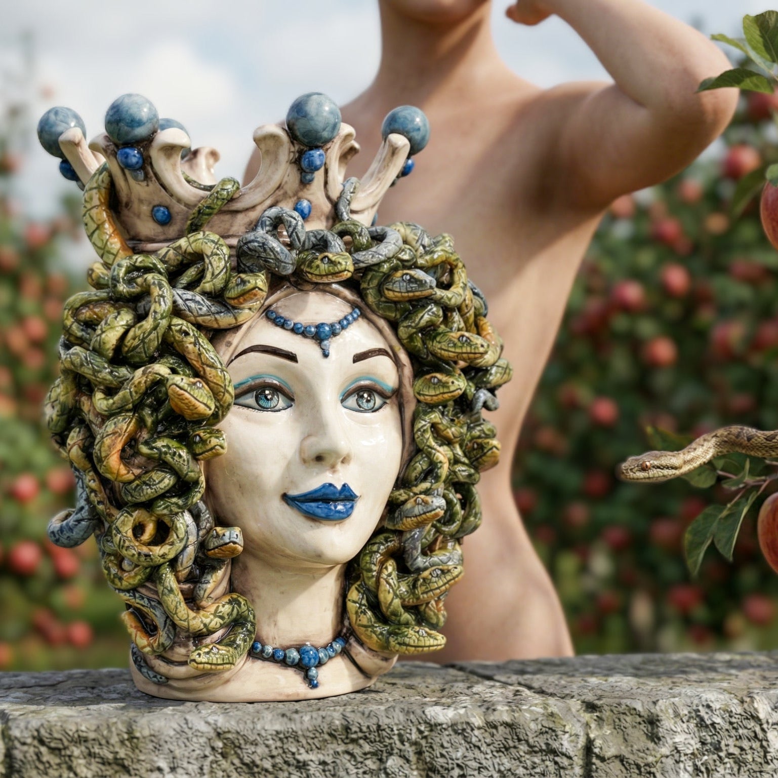 Medusa Head Vase H 38 cm / 15", Antique Mother of Pearl – Testa di Moro from Caltagirone, Sicily